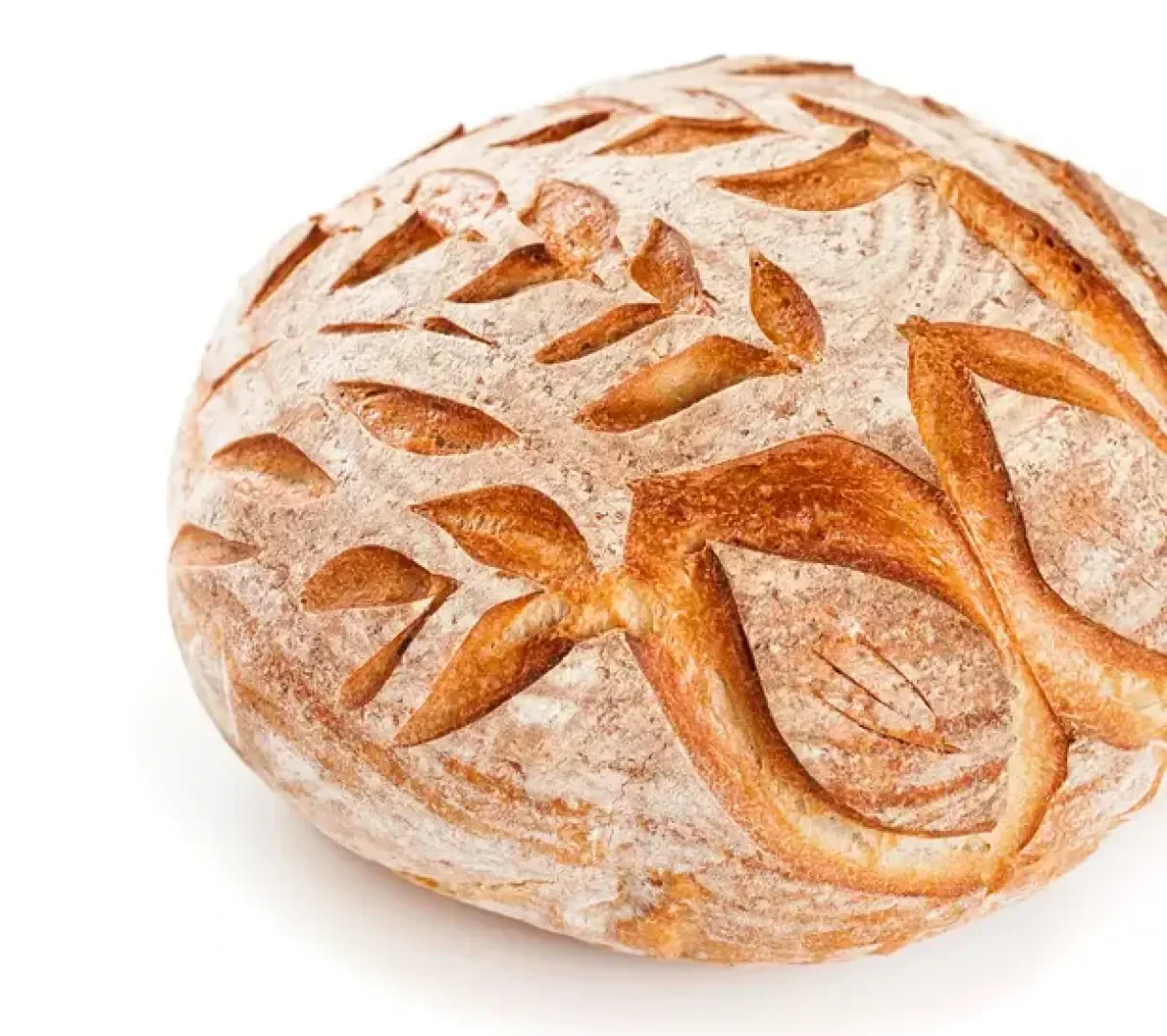 Rundes, handwerklich hergestelltes Brot mit goldbrauner Kruste und dekorativen Blatt- und Zweigmustern, die in die Oberfläche eingeritzt sind. Das Brot steht vor einem weißen Hintergrund.