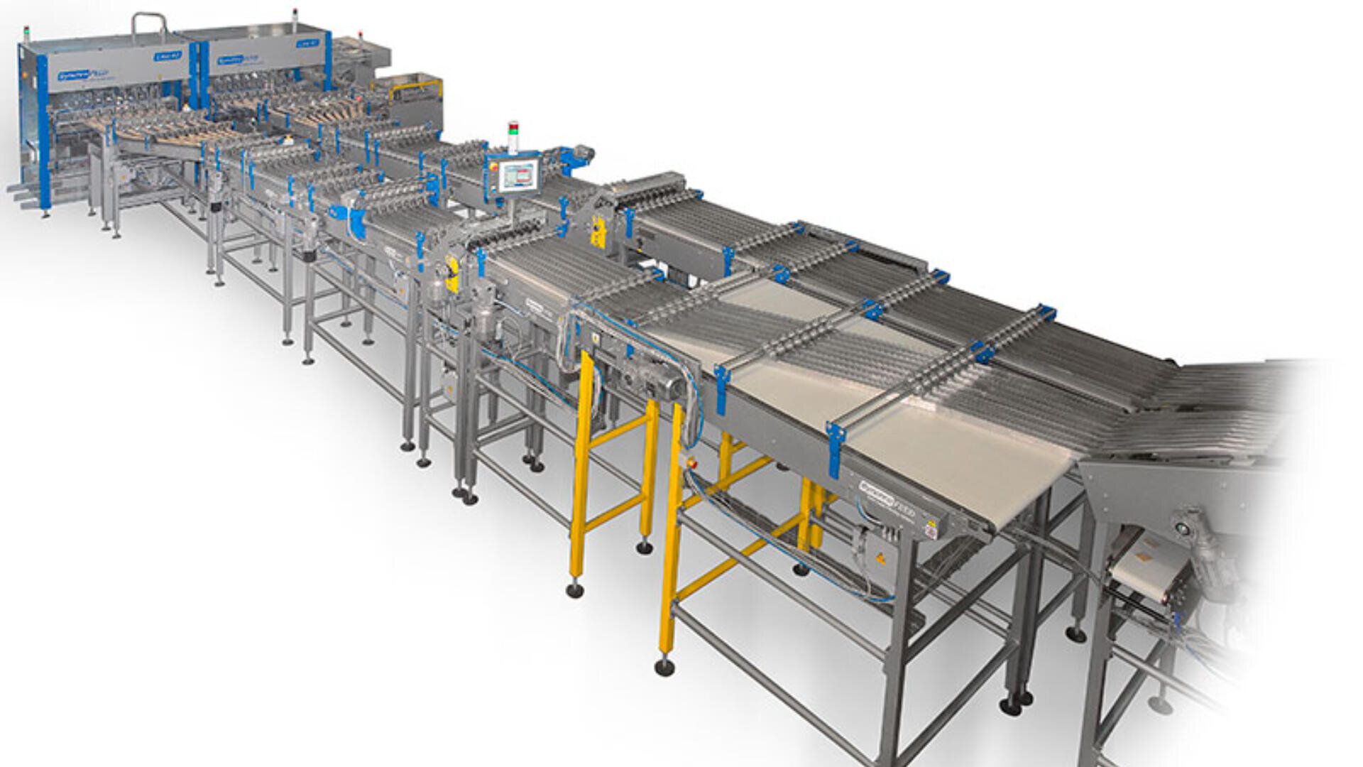 Conveyor system with multiple metal rollers and blue components, supported by yellow and gray legs, used for automated sorting or material handling in an industrial setting.