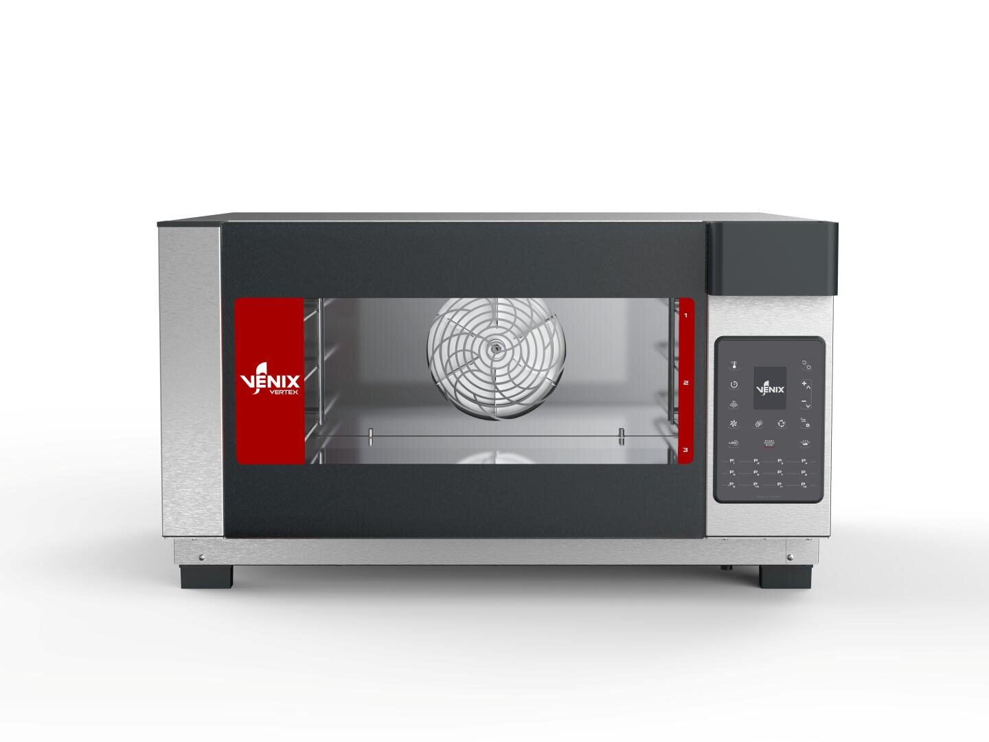 A stainless steel countertop convection oven with a glass door, digital control panel, and visible interior fan, branded with the Venix logo on the front left.