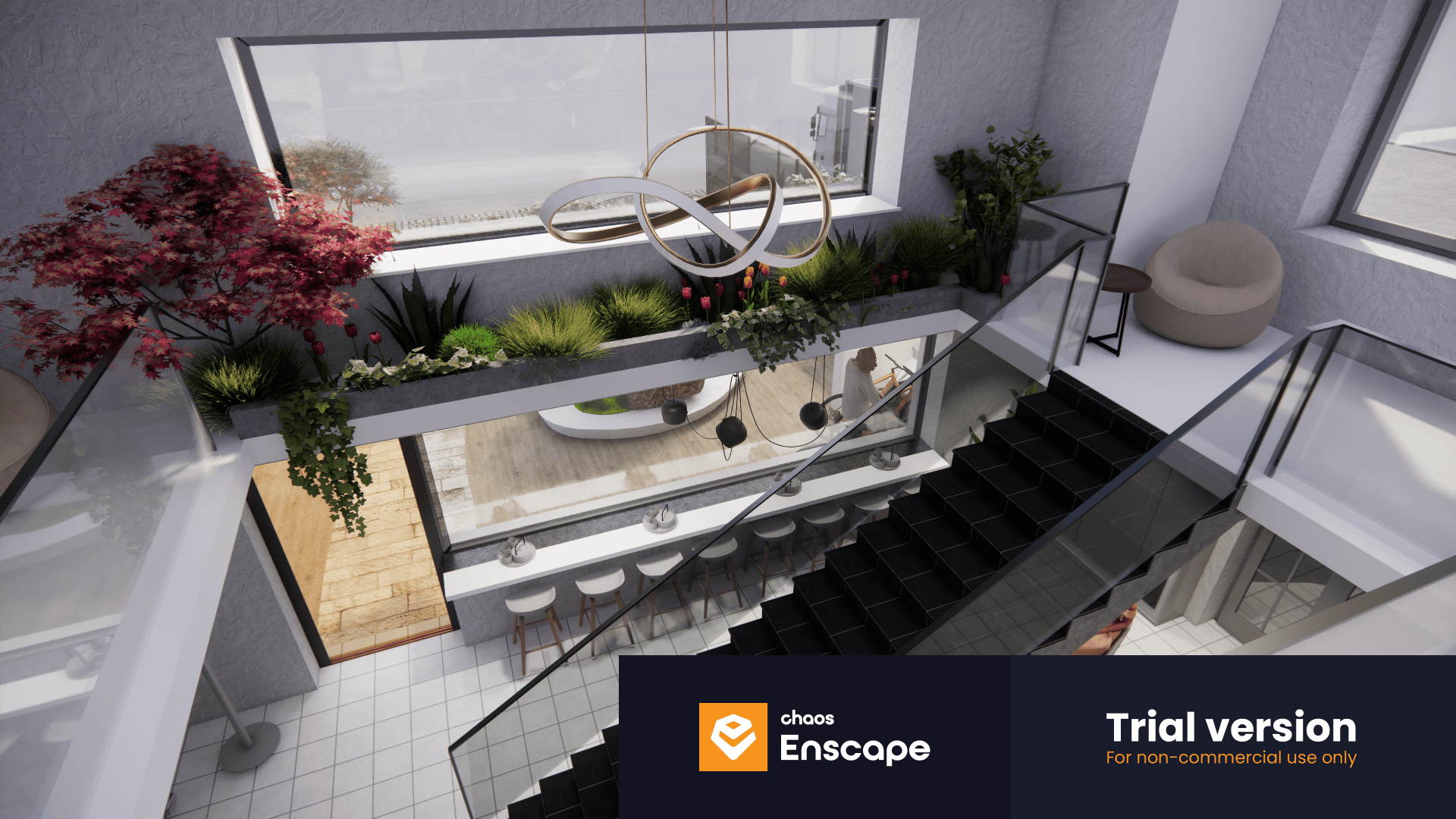 Ein modernes Interieur mit einer schwarzen Treppe, Glasgeländern, üppigen Zimmerpflanzen, einem einzigartigen Kronleuchter mit Schleife, einem großen Fenster und einem gemütlichen Sessel in der Ecke; das Wasserzeichen der Enscape-Testversion ist sichtbar.