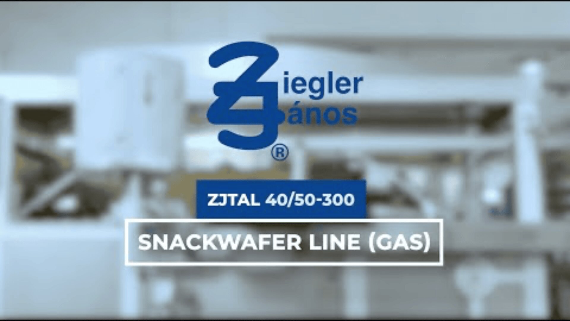 Blaues Ziegler János Logo über dem Text ZJTAL 40/50-300 und SNACKWAFER LINE (GAS) auf einem unscharfen industriellen Hintergrund.