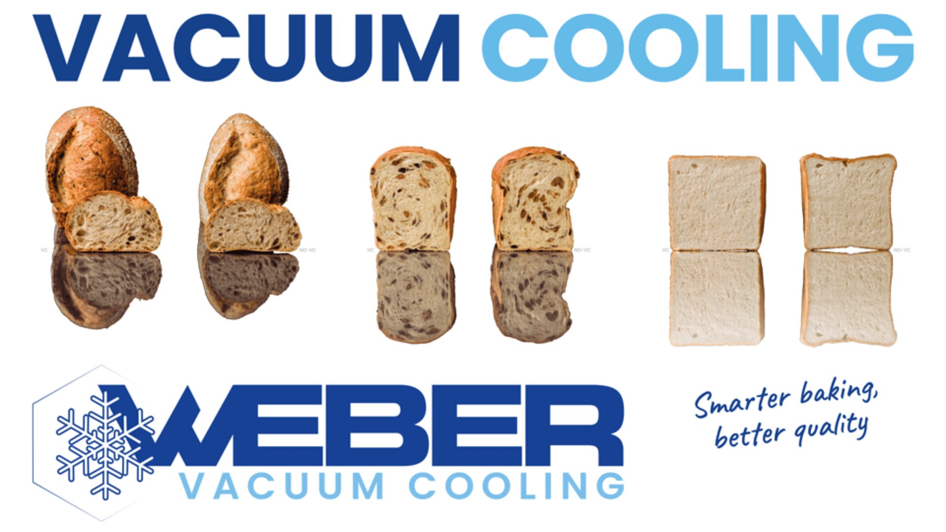 Verschiedene Brotlaibe und -scheiben sind aufgereiht und zeigen ihre Beschaffenheit. Der Text lautet VACUUM COOLING und WEBER VACUUM COOLING mit dem Slogan Smarter baking, better quality.