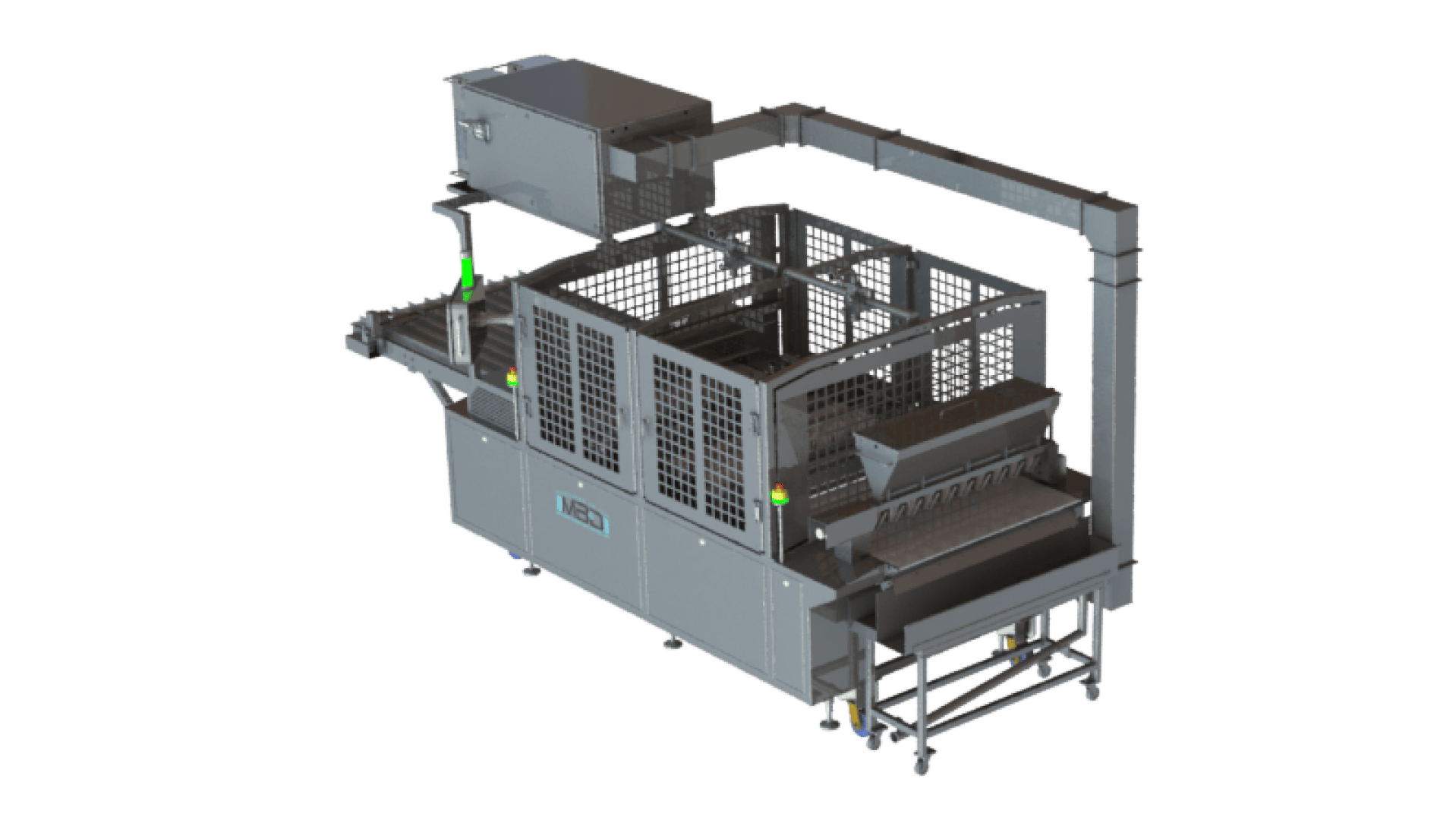 Industrial automated packaging machine with metal framework, protective mesh panels, conveyor belts, and a control box, designed for processing and packaging products in a factory setting.
