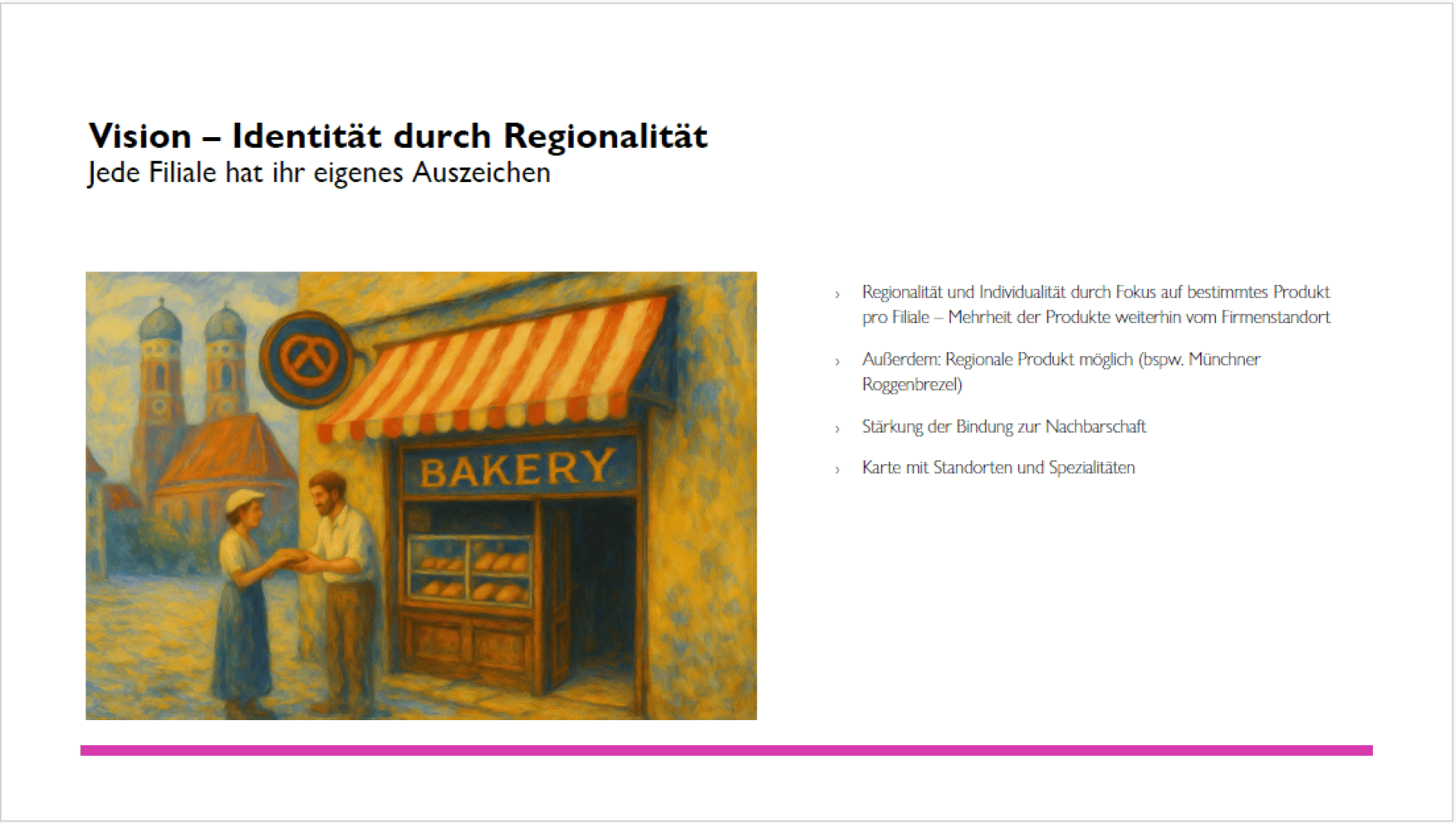 A painting of two people outside a bakery with striped awning, bread displayed inside, and two blue buildings with domes in the background. Text on the right discusses regional identity and bakery product variety in German.