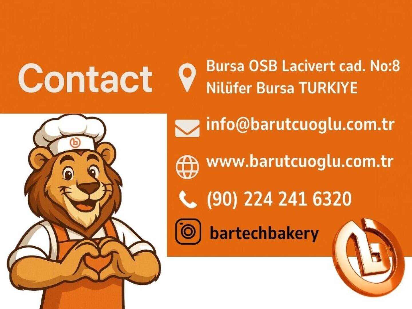 Ein abgebildeter Löwe mit Bäckermütze und Schürze macht eine Herzgeste. Daneben werden die Kontaktinformationen der Barutcuoglu-Bäckerei in Bursa, Türkei, mit Symbolen für Adresse, E-Mail, Website, Telefon und Instagram angezeigt.