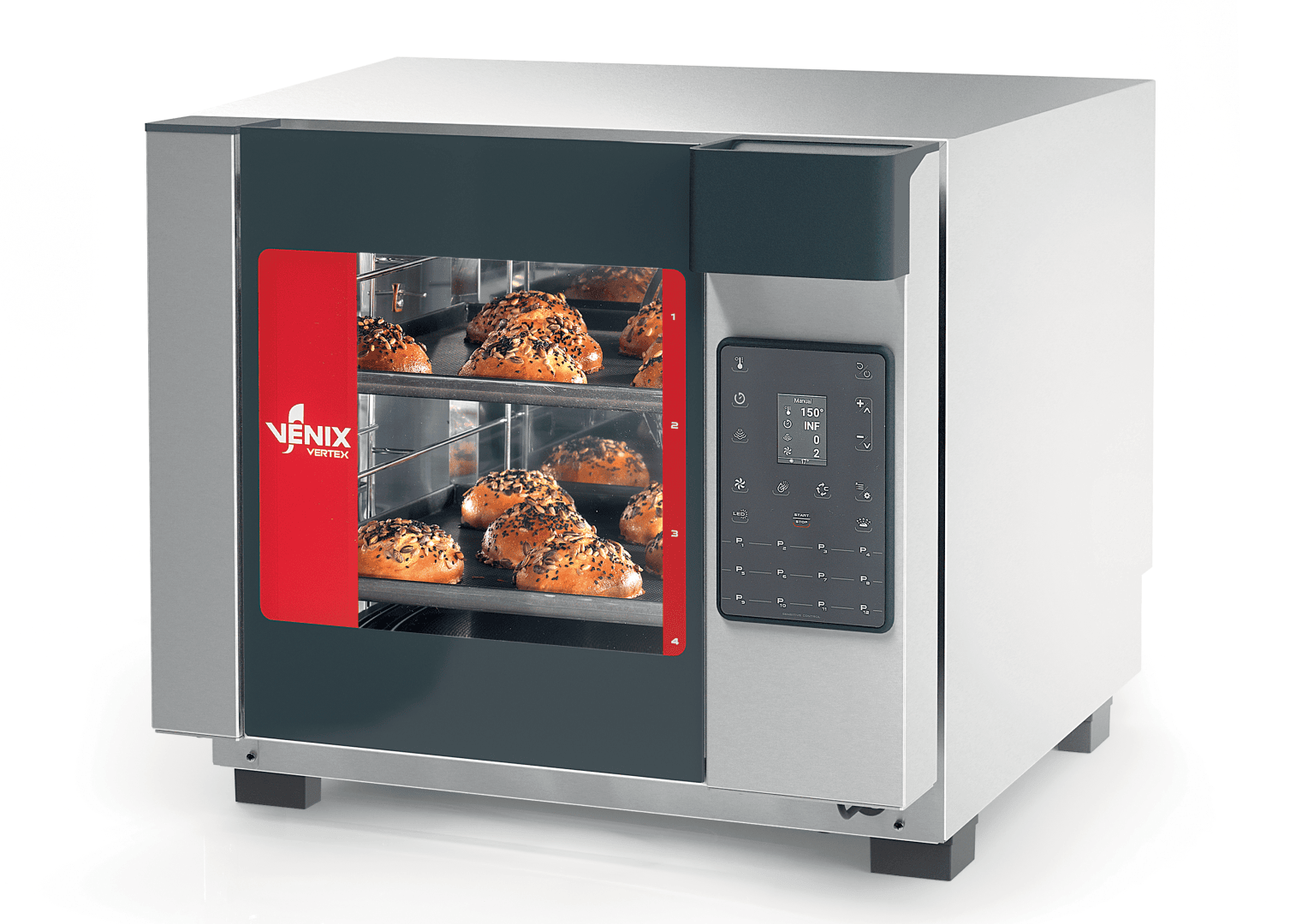 A stainless steel commercial oven with a glass door, showing racks of baked goods inside. The control panel with buttons and a digital display is on the right side of the ovens front.