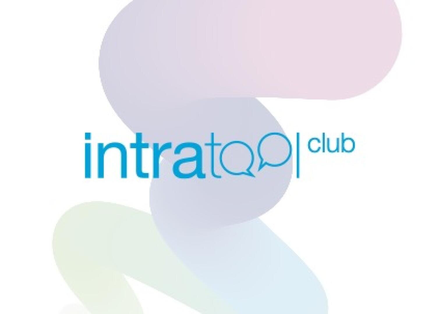 The logo features the text intratool club in blue, with two speech bubbles forming the letters oo in tool, set against a soft, abstract pastel background.