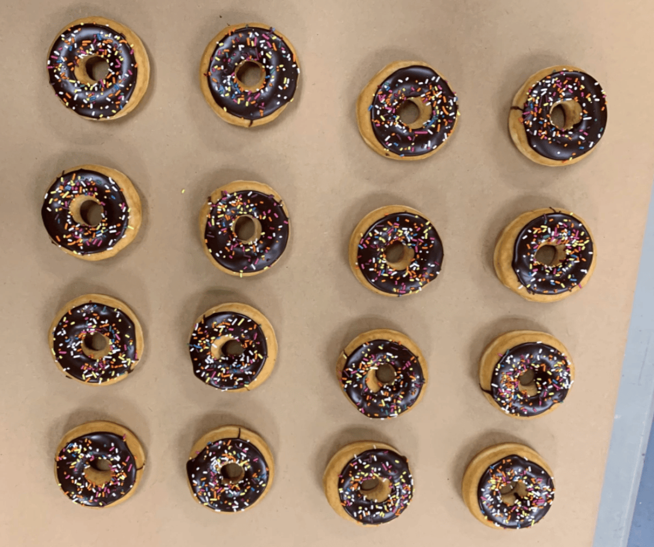 Sixteen chocolate-glazed donuts with colorful sprinkles are arranged in a neat 4-by-4 grid on a light brown surface.