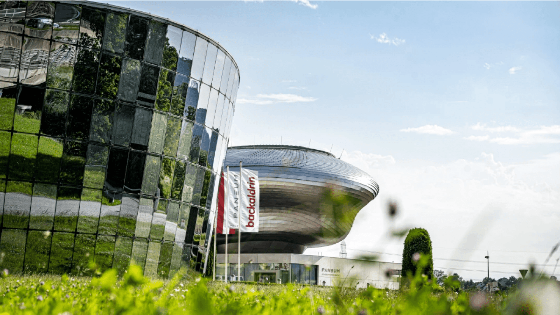 A modern glass building and a futuristic silver structure stand behind three white flags labeled backaldrin, surrounded by green grass and wildflowers under a partly cloudy sky.