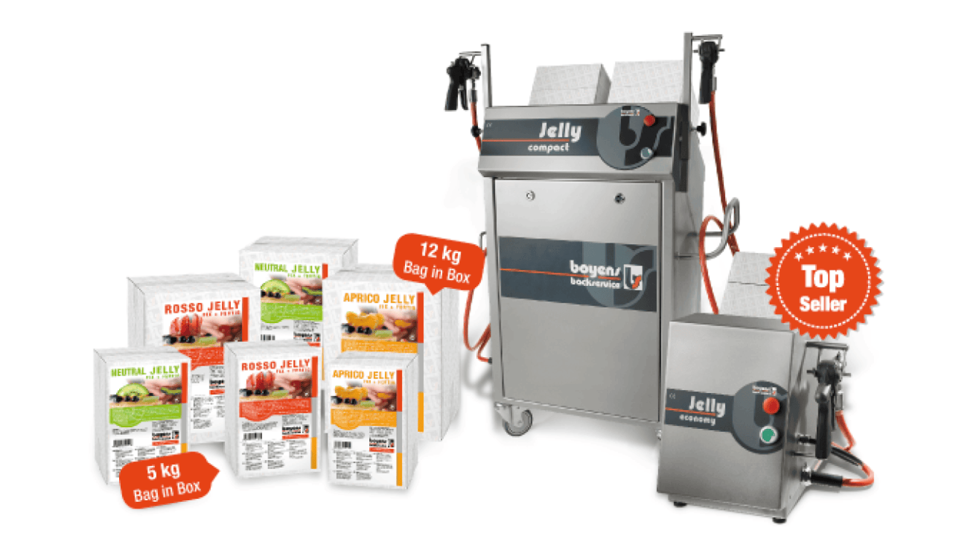 A commercial jelly dispensing machine with red hoses, surrounded by various bags and boxes of jelly mix in different flavors and sizes. An orange Top Seller badge is displayed on the right side of the image.