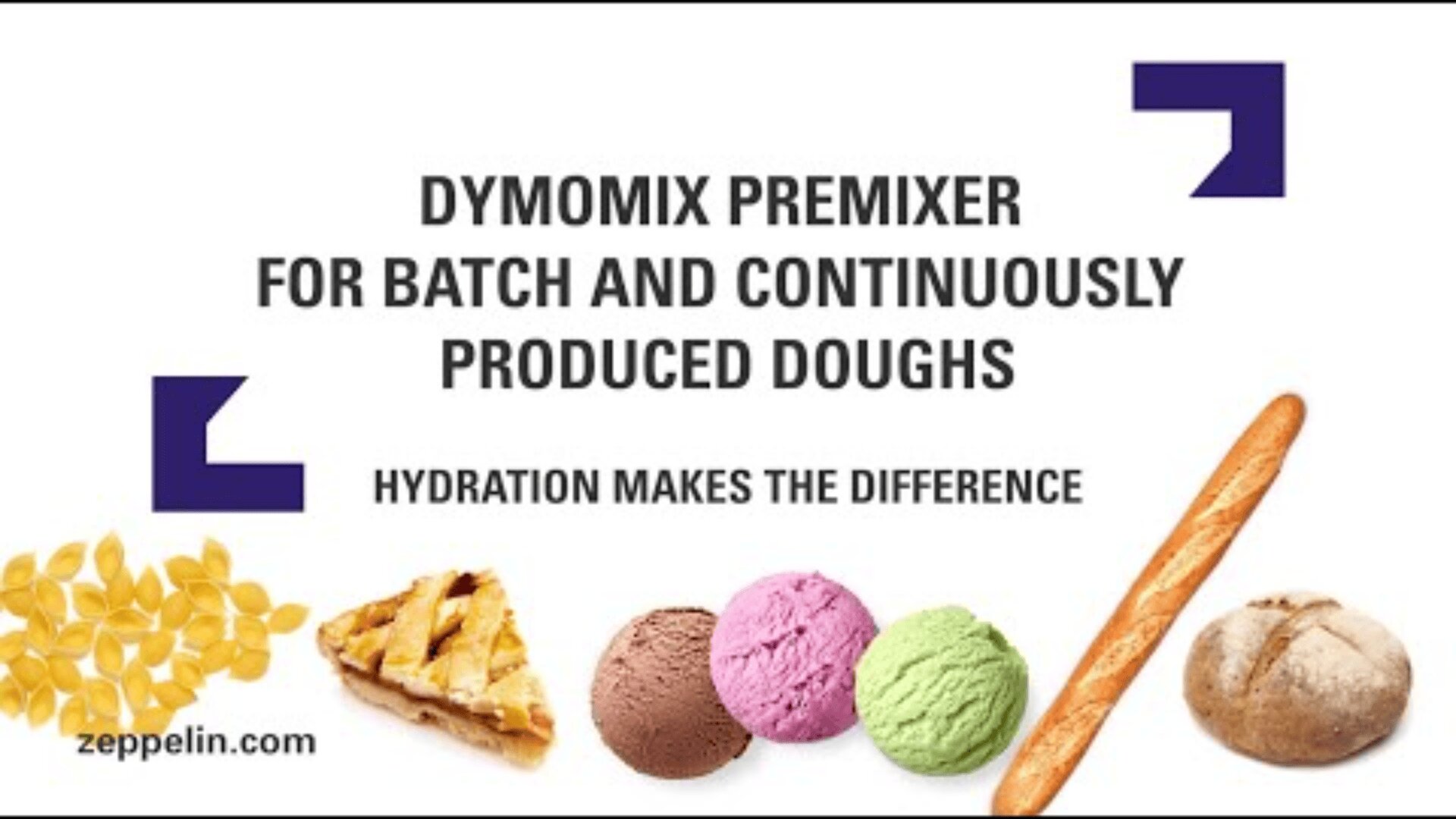 Advertisement for DymoMix premixer, promoting its use for batch and continuously produced doughs; includes images of pasta, pie, ice cream scoops, a baguette, and a bread roll. Text reads Hydration makes the difference.
