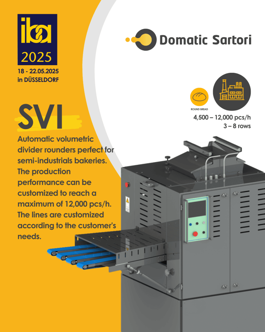 Auf einem Werbeplakat für eine Bäckereimaschinenausstellung wird der automatische Teiler- und Rundmacher Domatic Sartori SVI vorgestellt, dessen anpassbare Leistung von bis zu 12.000 Stück pro Stunde hervorgehoben wird, sowie Veranstaltungsdetails zur iba 2025 in Düsseldorf.
