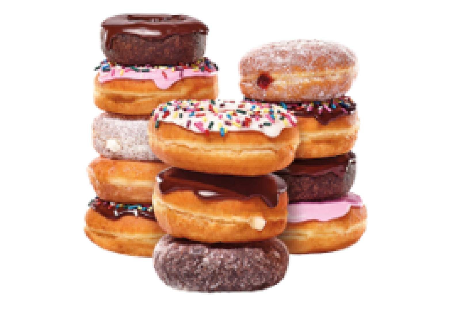 A stack of assorted donuts with different toppings, including chocolate glaze, pink icing, powdered sugar, and colorful sprinkles, arranged on a plain white background.