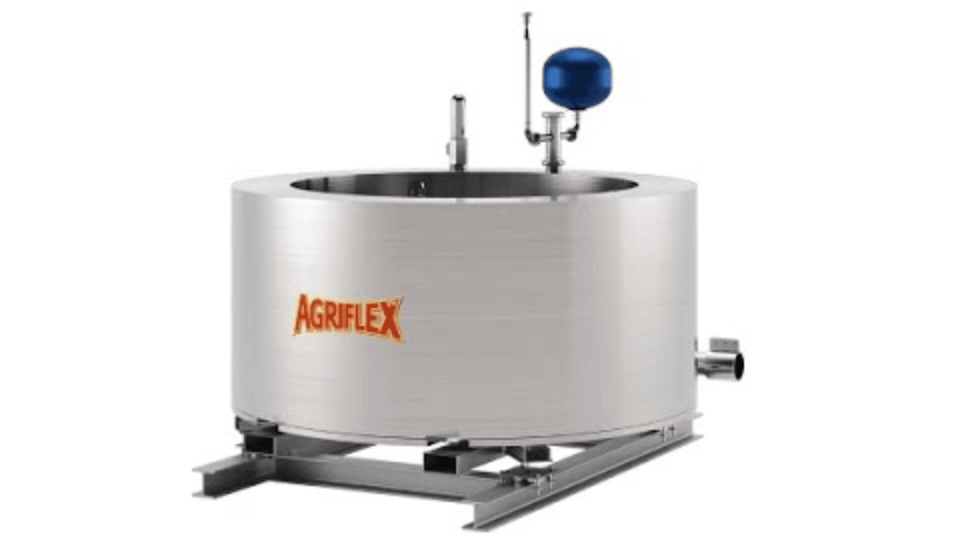 A large, cylindrical industrial tank made of stainless steel with the inscription AGRIFLEX, with a blue valve and metal pipes on the top, mounted on a metal frame.
