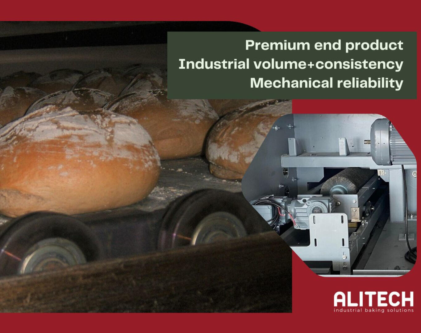 Loaves of bread on a conveyor belt and a close-up of industrial baking machinery, with text highlighting premium quality, consistency, and reliability. ALITECH logo appears in the corner.