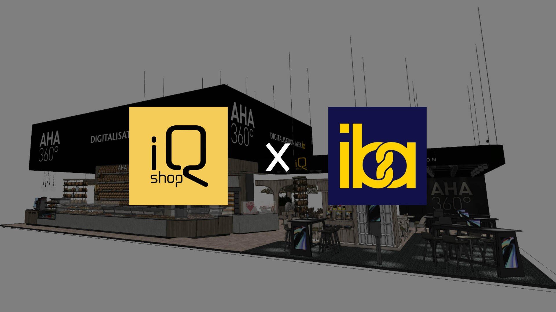 Ein 3D-gerenderter Messestand mit zwei großen Logos: iQ shop auf gelbem Hintergrund und iba auf blauem Hintergrund, getrennt durch ein X, vor einem modernen schwarzen Standdisplay.