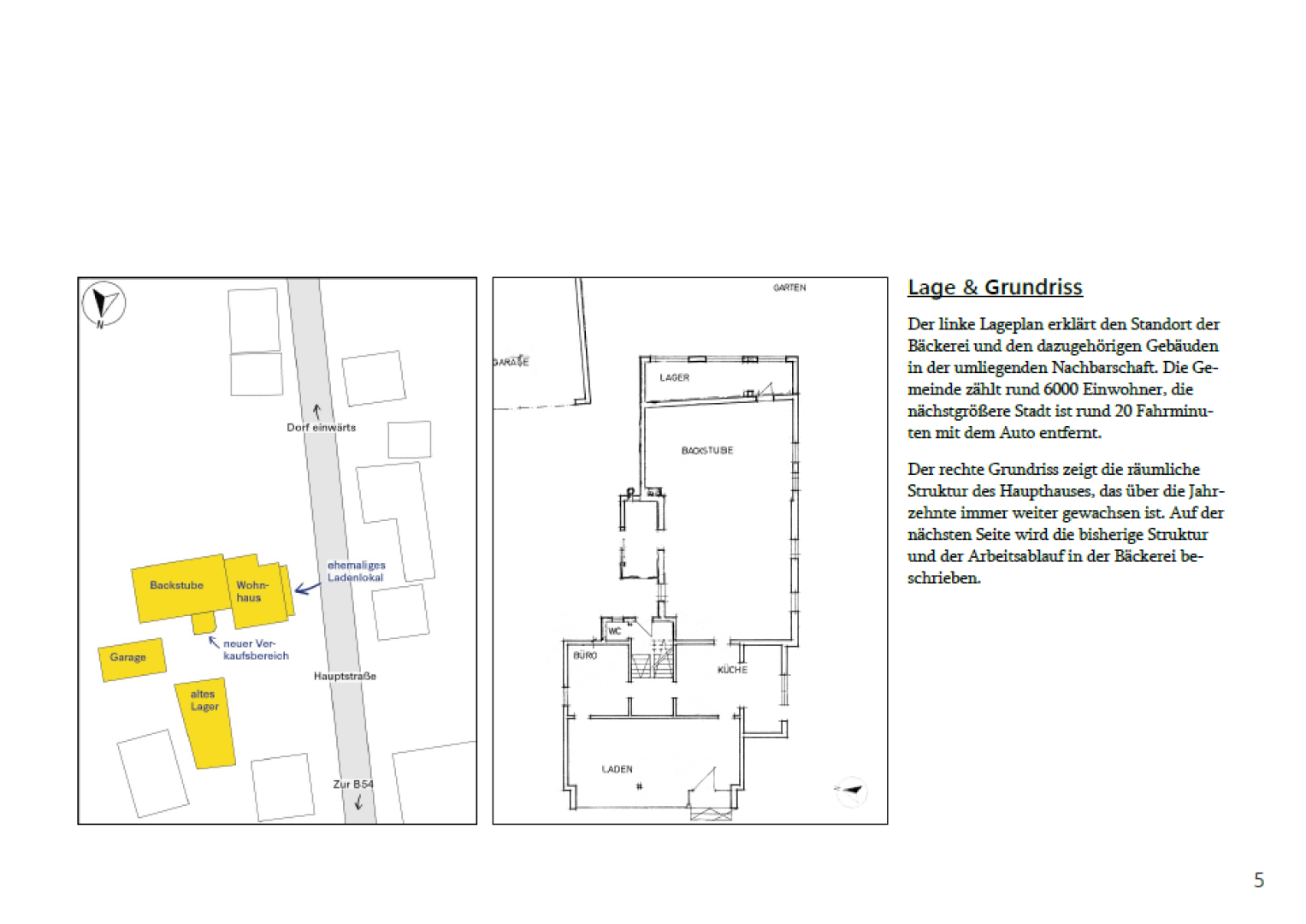 A layout with two diagrams: on the left, a site map highlights surrounding buildings near a bakery; on the right, a detailed floor plan shows the interior of the main house and adjacent bakery. German text describes the location.
