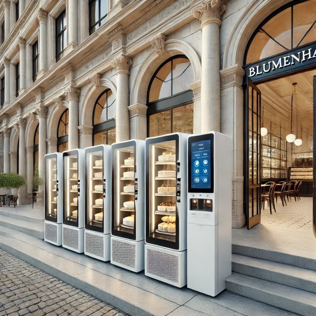 Five modern vending machines filled with cheese wheels stand in front of an elegant building with arched windows next to a shop named BLUMENHA, on a cobblestone street.