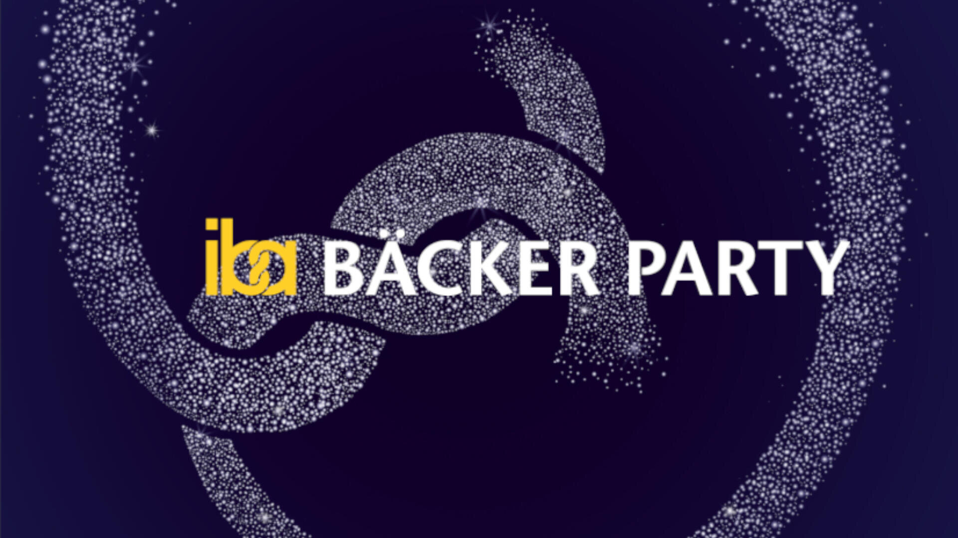 Logo der iba BÄCKER PARTY auf dunkelblauem Hintergrund mit stilisierten, funkelnden Kreismustern und dem iba-Logo in Gelb, das den Text überlagert.