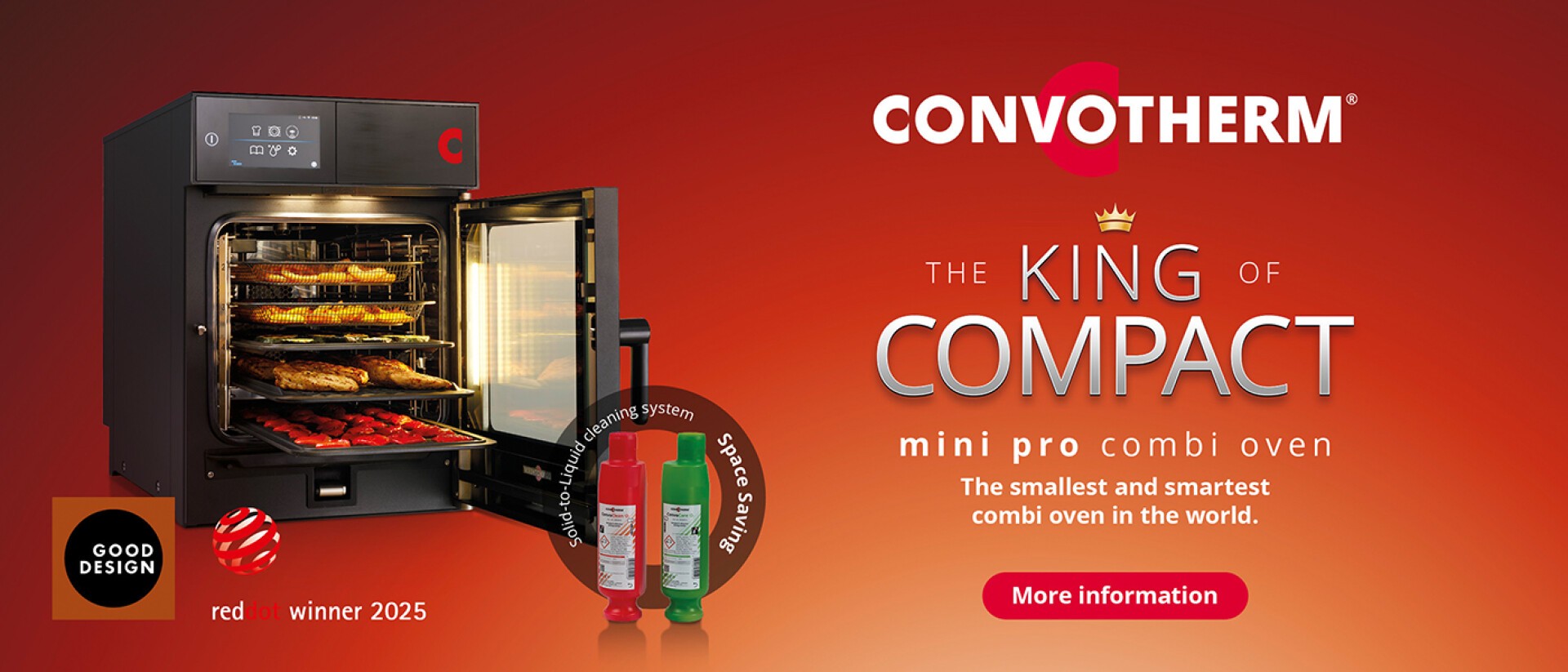 A compact black combi oven with food trays inside is shown open on a red gradient background. Text reads: Convotherm. The King of Compact. Mini pro combi oven. The smallest and smartest combi oven in the world.