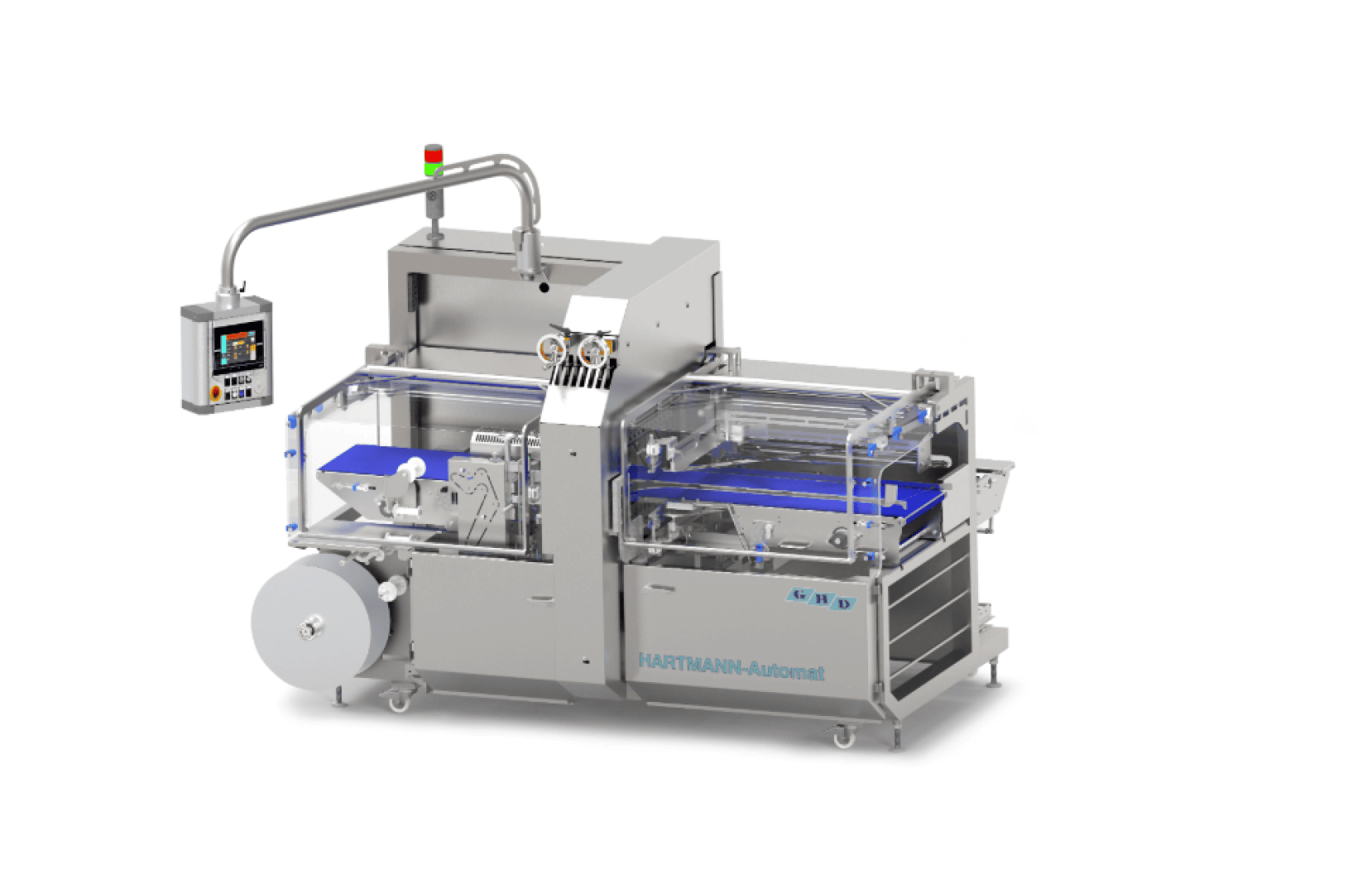 Eine Edelstahl-Verpackungsmaschine mit Bedienfeld, transparenten Schutzabdeckungen und Rollen für Verpackungsfolien, beschriftet mit HARTMANN-Automation. Die Maschine verfügt über ein Förderband und verschiedene mechanische Komponenten.