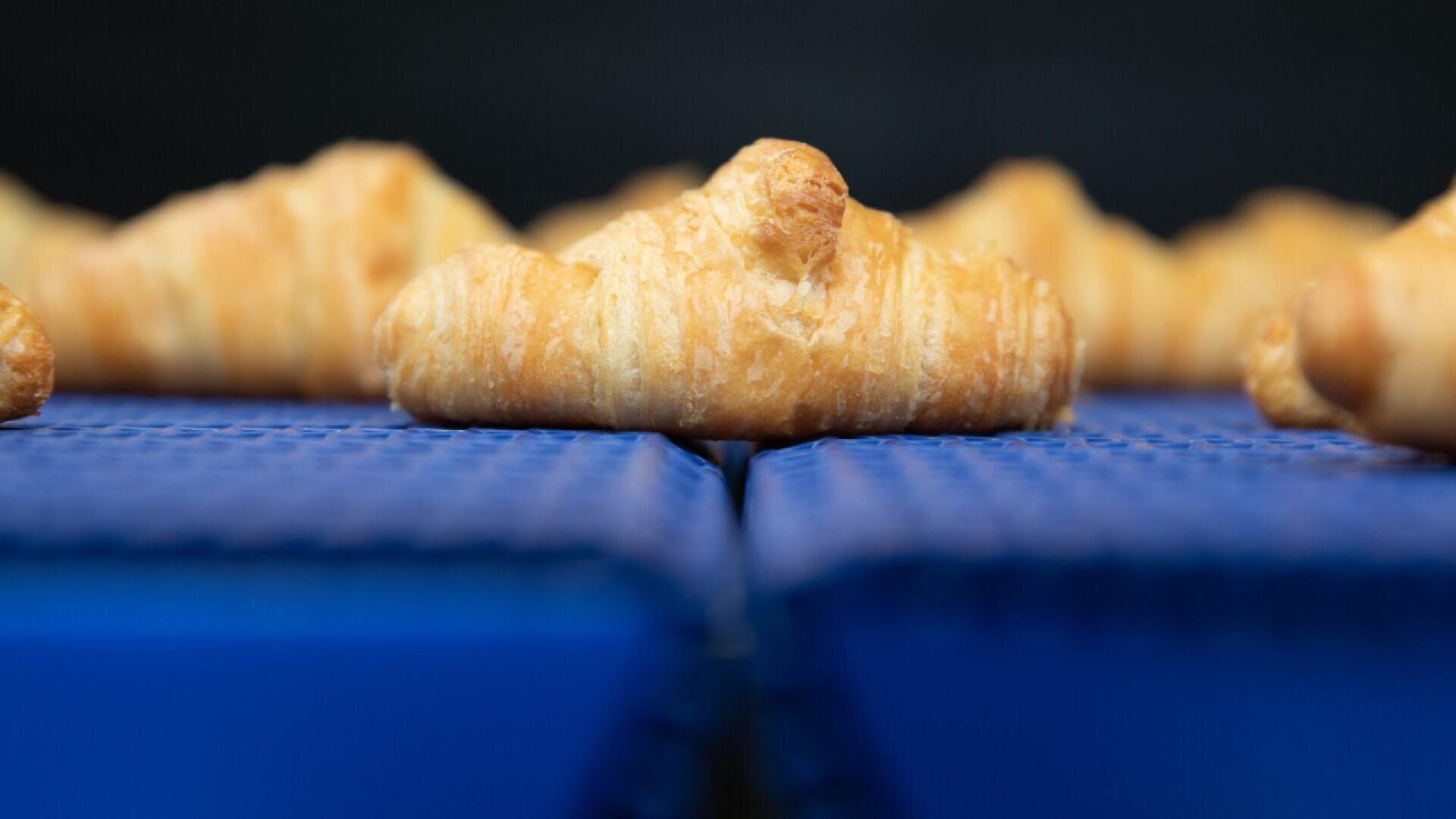 Nahaufnahme eines goldbraunen Croissants auf einem blauen Förderband, wobei andere Croissants im Hintergrund unscharf sind.