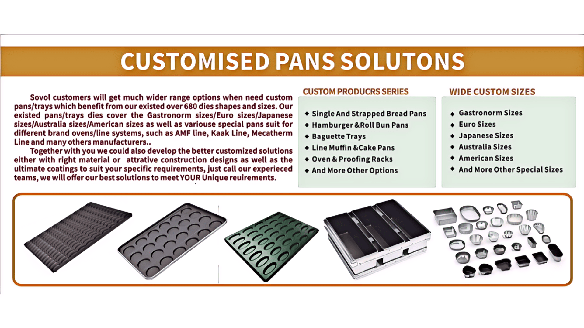 A promotional banner for customised pans features various baking trays and metal molds. Text highlights options for custom producers, wide applications, and images of different specialized baking pans.