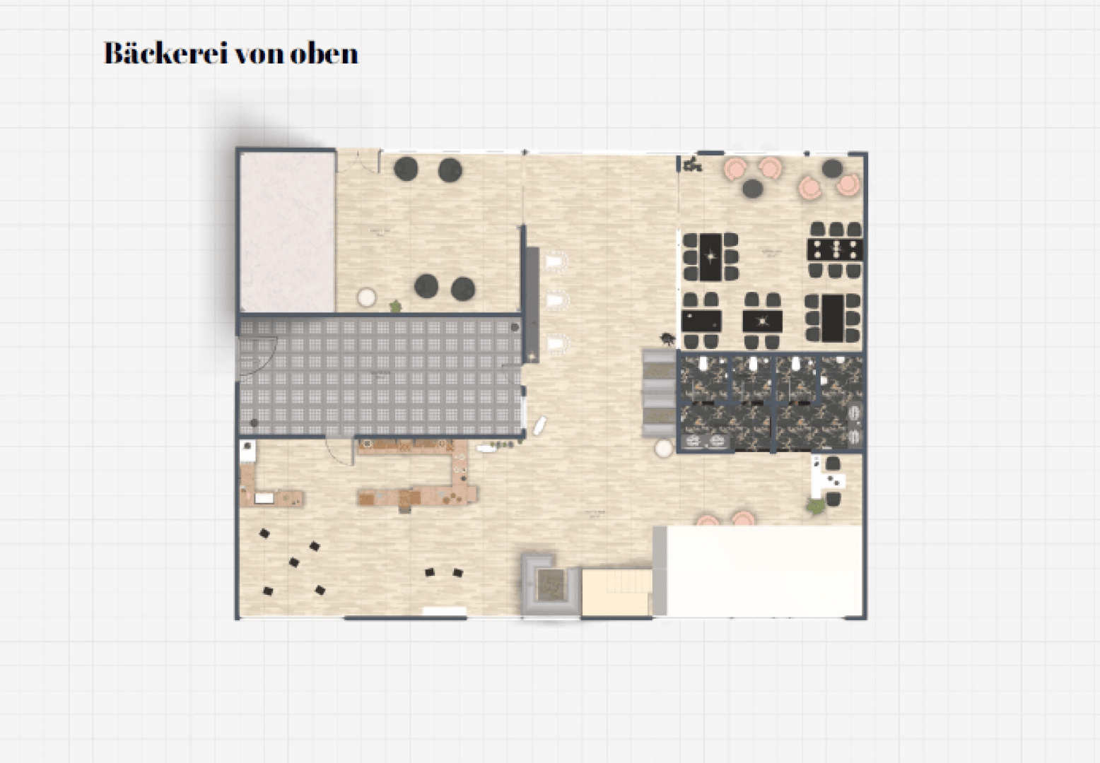 Floor plan of a bakery viewed from above, labeled “Bäckerei von oben.” Features seating areas with tables and chairs, counters, a kitchen area, and decorative plants throughout the space.