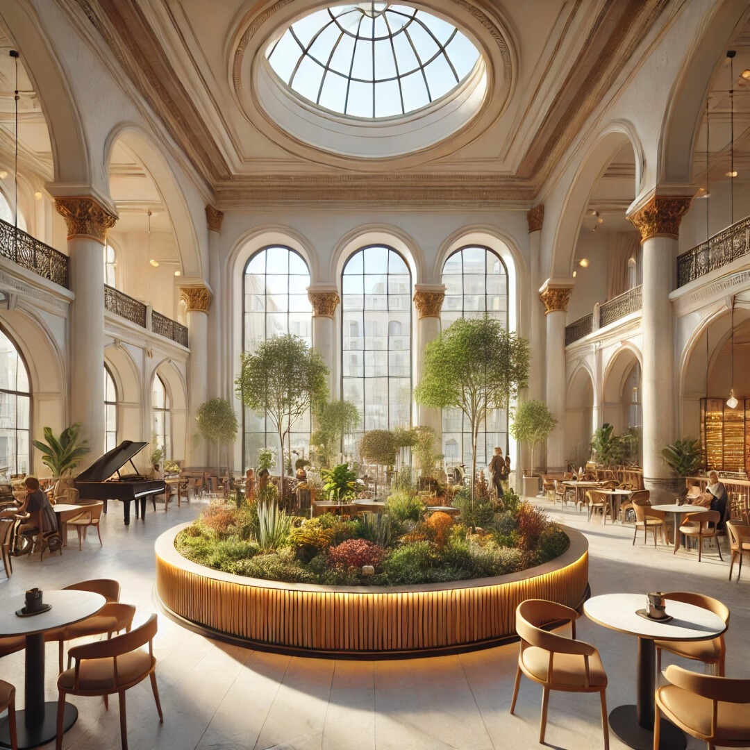 A spacious café with tall arched windows, a high glass dome ceiling, and a central circular garden with trees and plants. People sit at tables, and a grand piano is visible on the left. The atmosphere is airy and elegant.