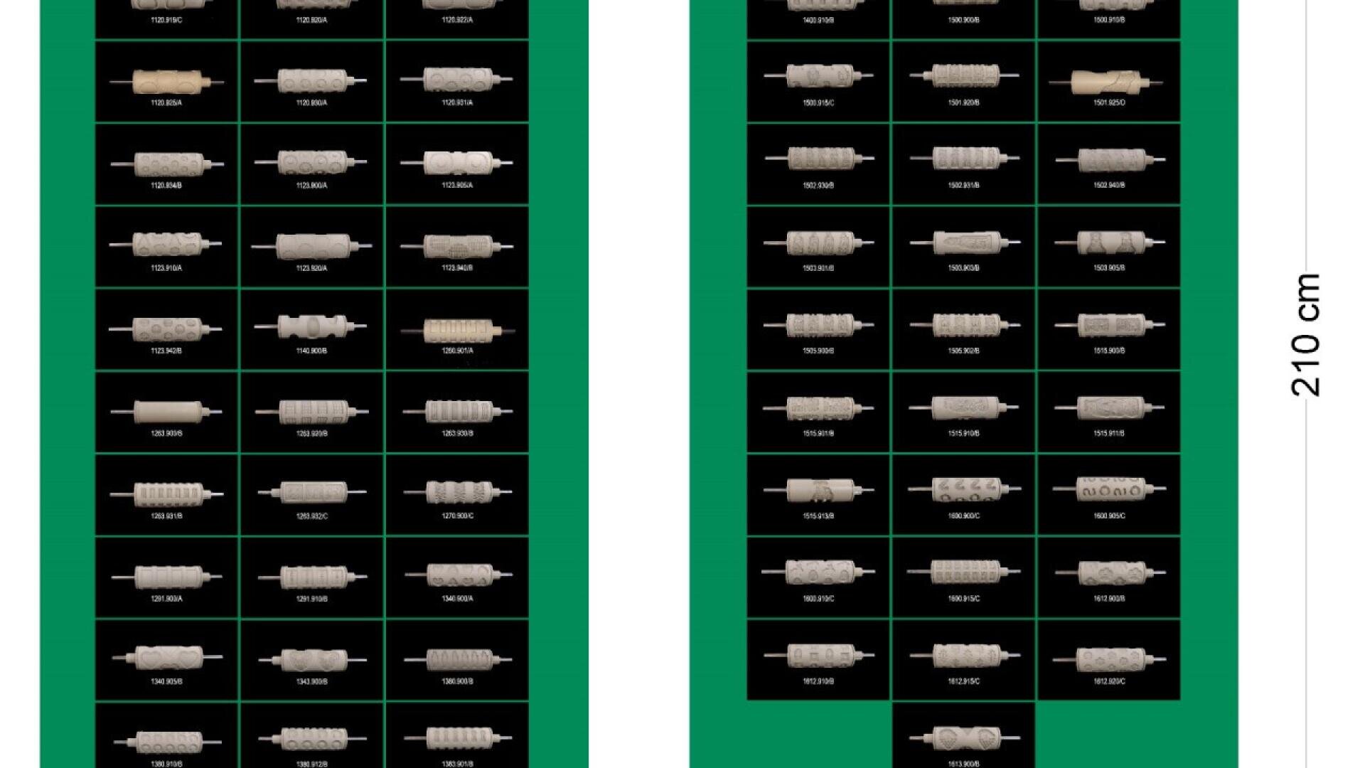 A chart with two green-bordered columns displaying multiple rows of various cylindrical objects, each labeled with a code. A vertical white strip on the right indicates the height as 210 cm.