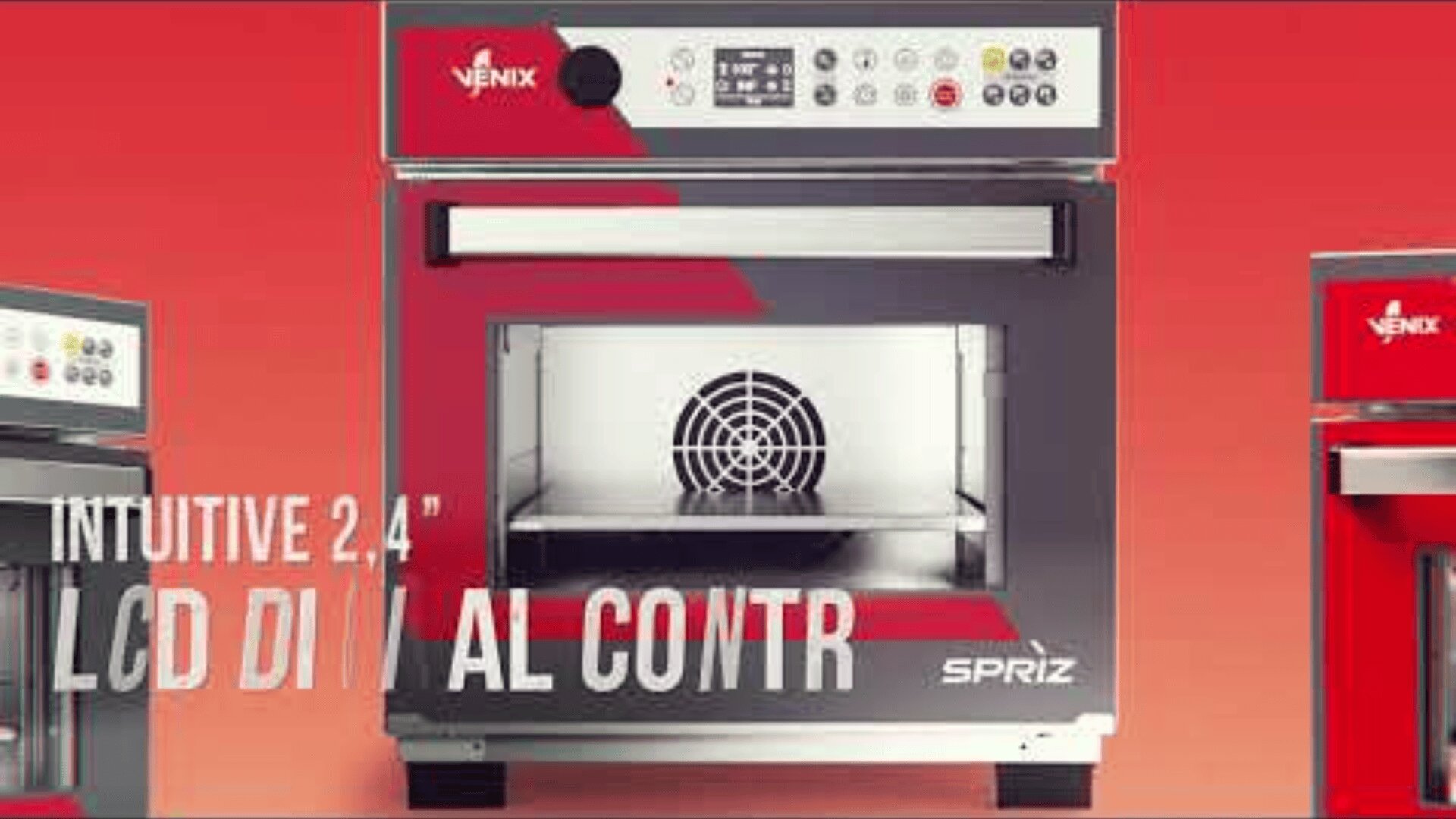 Ein handelsüblicher Backofen mit einem digitalen Bedienfeld, das mit VENIX und SPRIZ beschriftet ist, steht vor einem roten Hintergrund. Der Text auf dem Bild lautet: "Intuitive 2,4 LCD-Digitalsteuerung".
