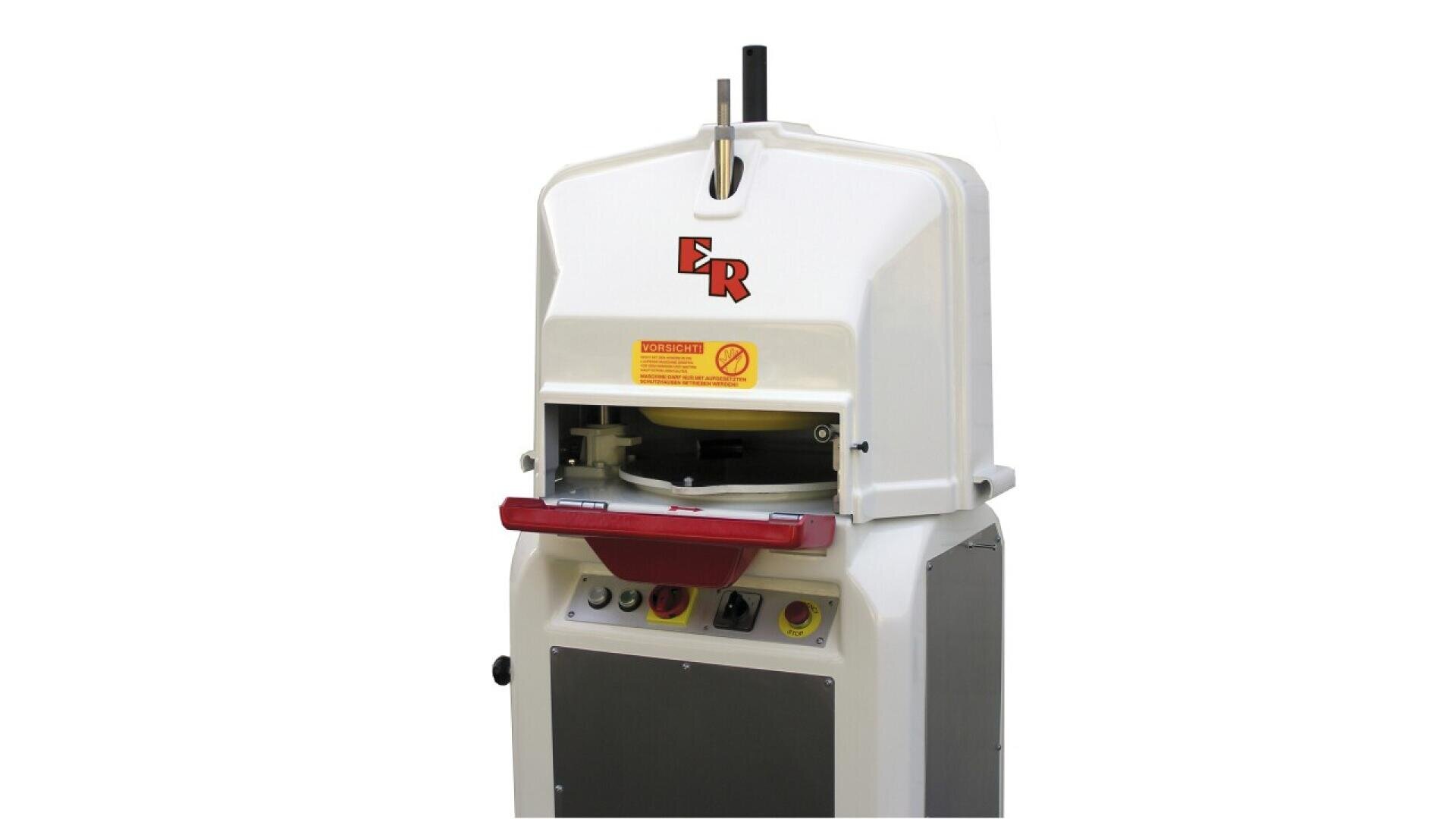 A commercial dough divider machine with a white exterior, control buttons, and a red handle, featuring the letters ER and a yellow warning label on the front.