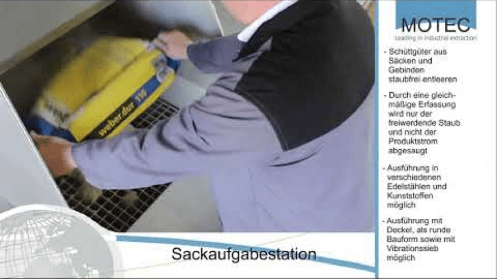 A worker empties a yellow sack labeled weber.dur into a stainless steel industrial machine. German text and the MOTEC company logo appear on the right, describing features of the Sackaufgabestation.