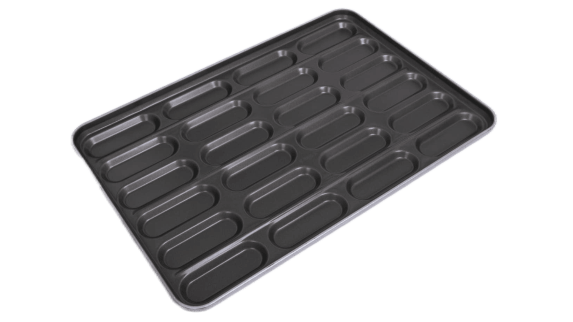 A black, nonstick baking tray with multiple elongated oval molds arranged in rows, designed for baking items like ladyfingers or eclairs.