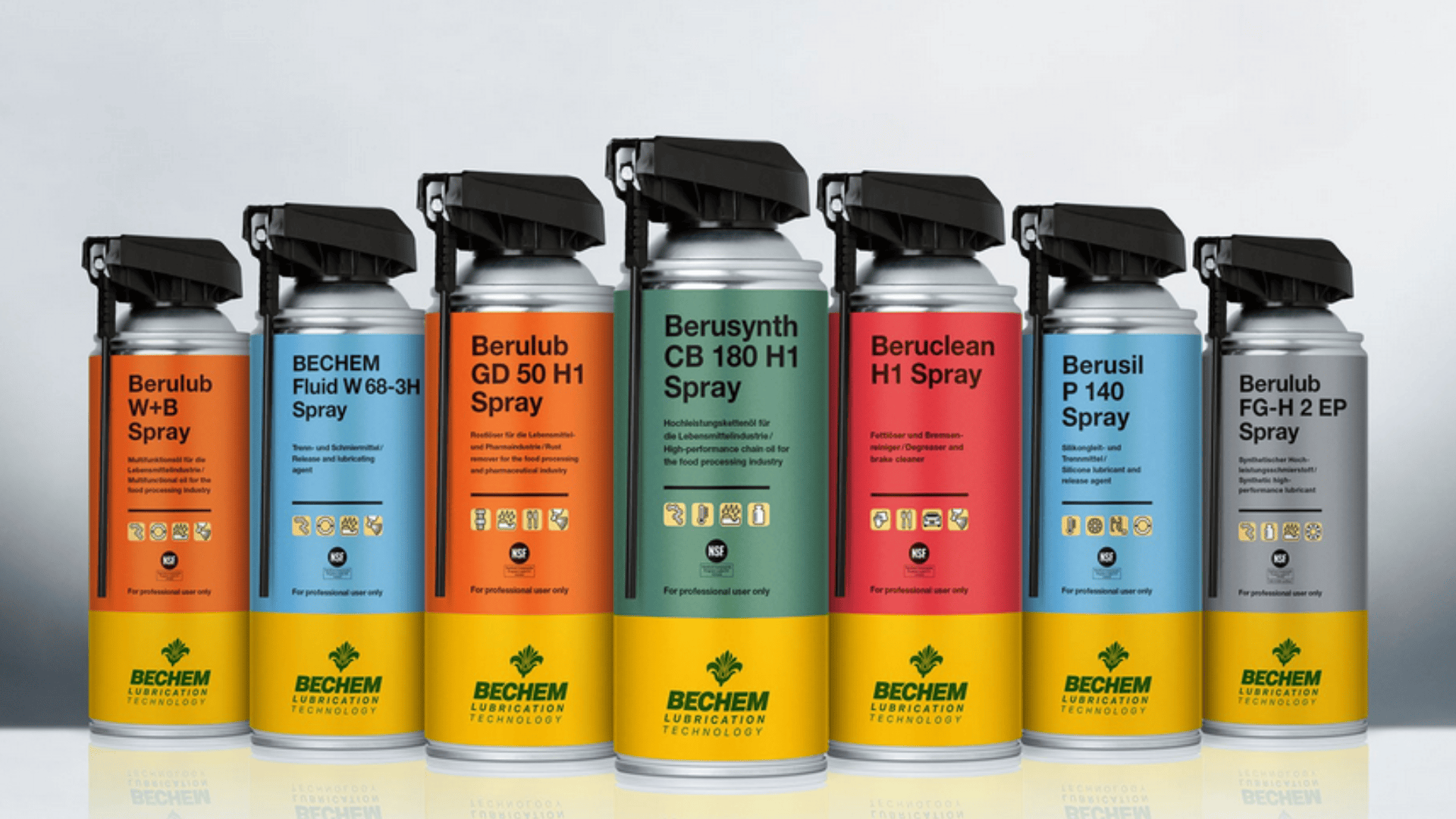 Sieben Sprühdosen mit bunten Etiketten, jede mit einem anderen Produktnamen für Industrieschmierstoffe, sind in einer Reihe vor einem hellen Hintergrund mit Farbverlauf angeordnet.