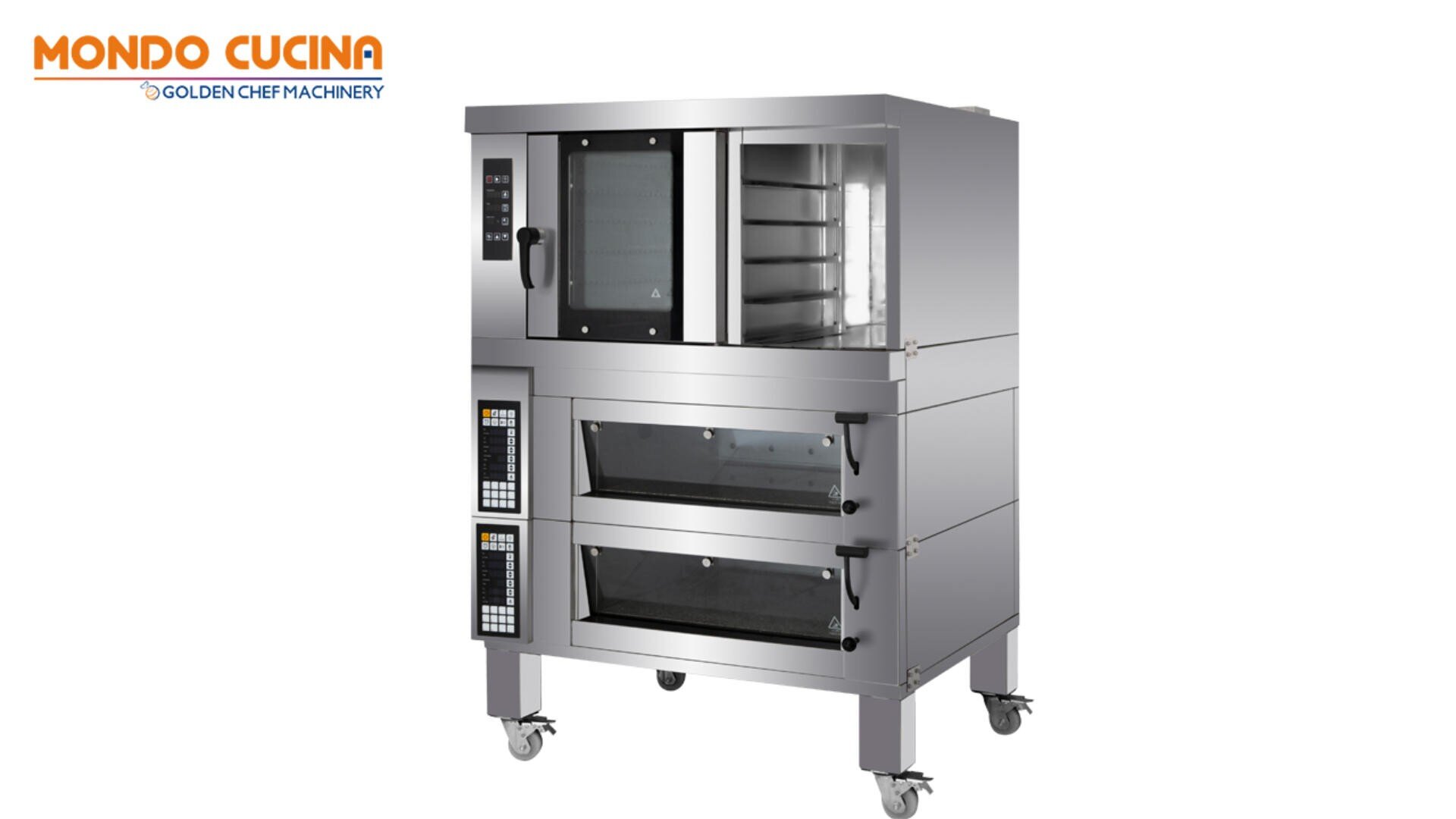 A large stainless steel commercial oven with multiple compartments and digital controls, on four wheels. The Mondo Cucina logo appears in the top left corner.