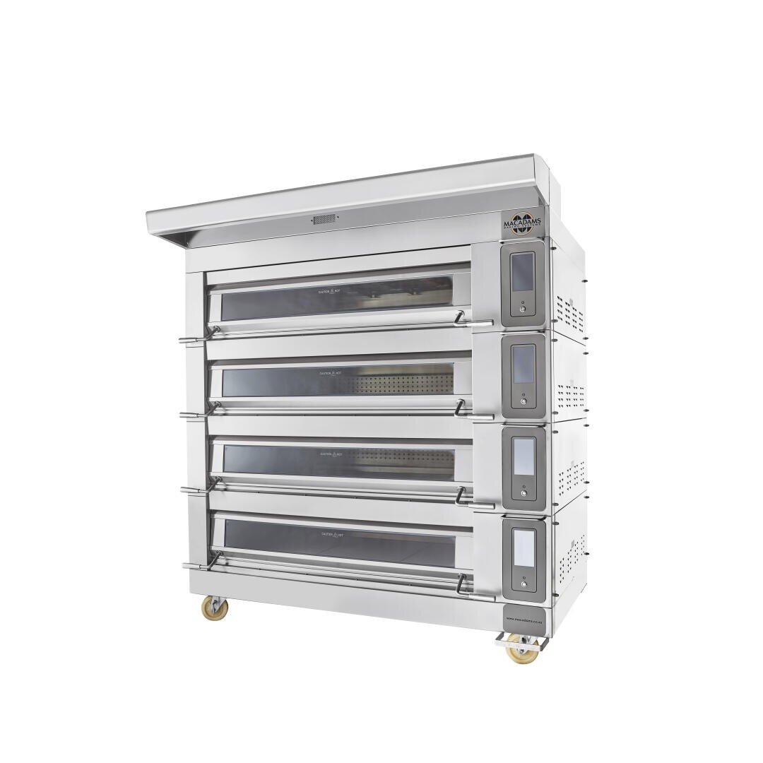 A large stainless steel commercial oven with four stacked compartments, each with a glass door and control panel, on wheels for mobility, against a white background.