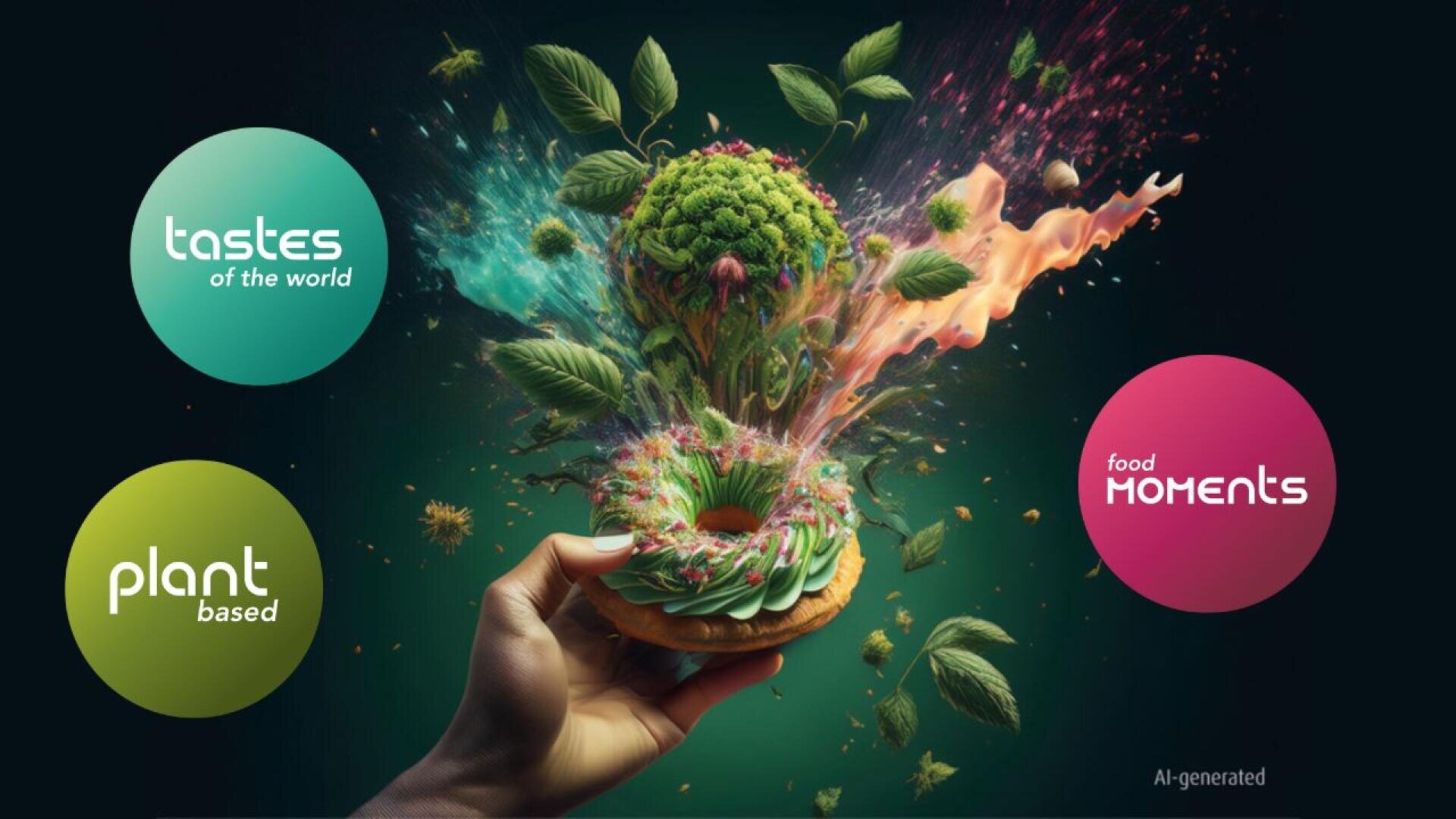 Eine Hand hält einen Donut voller buntem Gemüse und Kräutern, umgeben von Textblasen mit den Aufschriften „Geschmäcker der Welt“, „pflanzlich“ und „Food-Momente“. Das Bild ist lebendig und als KI-generiert gekennzeichnet.