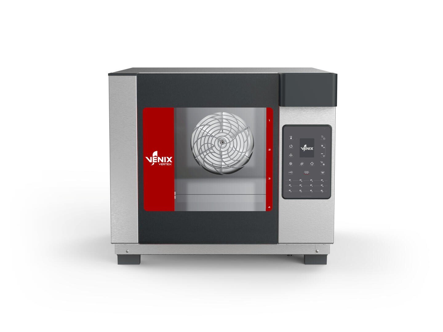 A countertop stainless steel convection oven with a red-framed glass door, interior fan visible, and a digital touch control panel on the right side. The brand name Venix appears on the door.