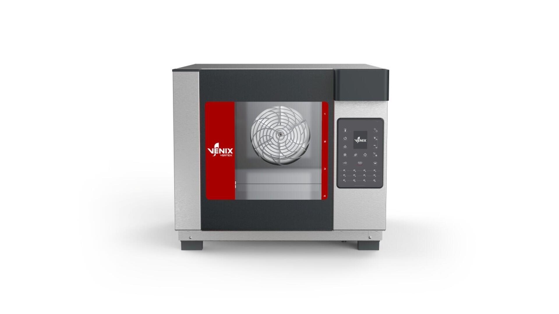 Ein Arbeitsplattenofen aus Edelstahl mit Glastür, digitalem Bedienfeld auf der rechten Seite und sichtbarem Ventilator im Inneren. Der Ofen hat einen roten Akzent mit dem NENIX-Logo auf der Vorderseite.
