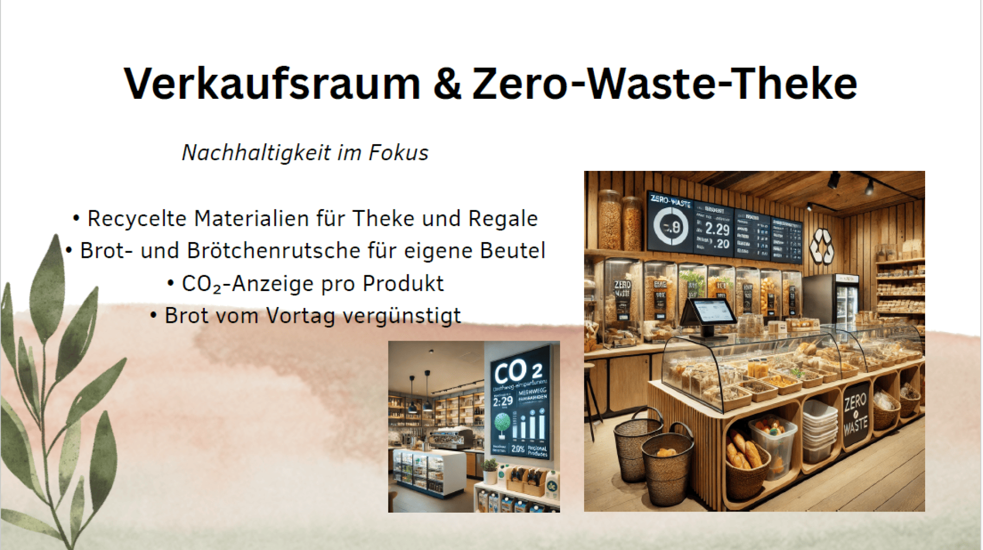 Präsentationsfolie zu einem nachhaltigen Verkaufsbereich und einer Zero-Waste-Brottheke mit Fotos von Backwarenauslagen, CO₂-Produktinformationen, Brotrutschen für Mehrwegtaschen und einer Liste umweltfreundlicher Features in deutscher Sprache.