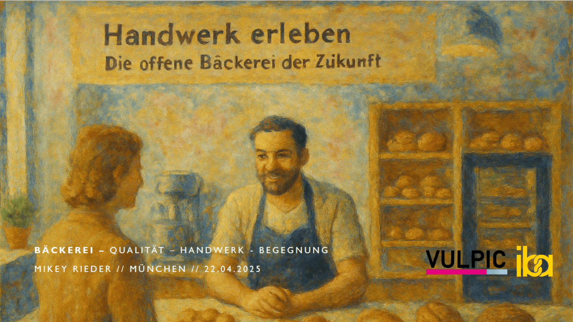 A painting-style image shows a smiling baker in a blue apron talking to a customer at a bakery counter with shelves of bread. German text promotes an open bakery event in Munich on April 22, 2025.