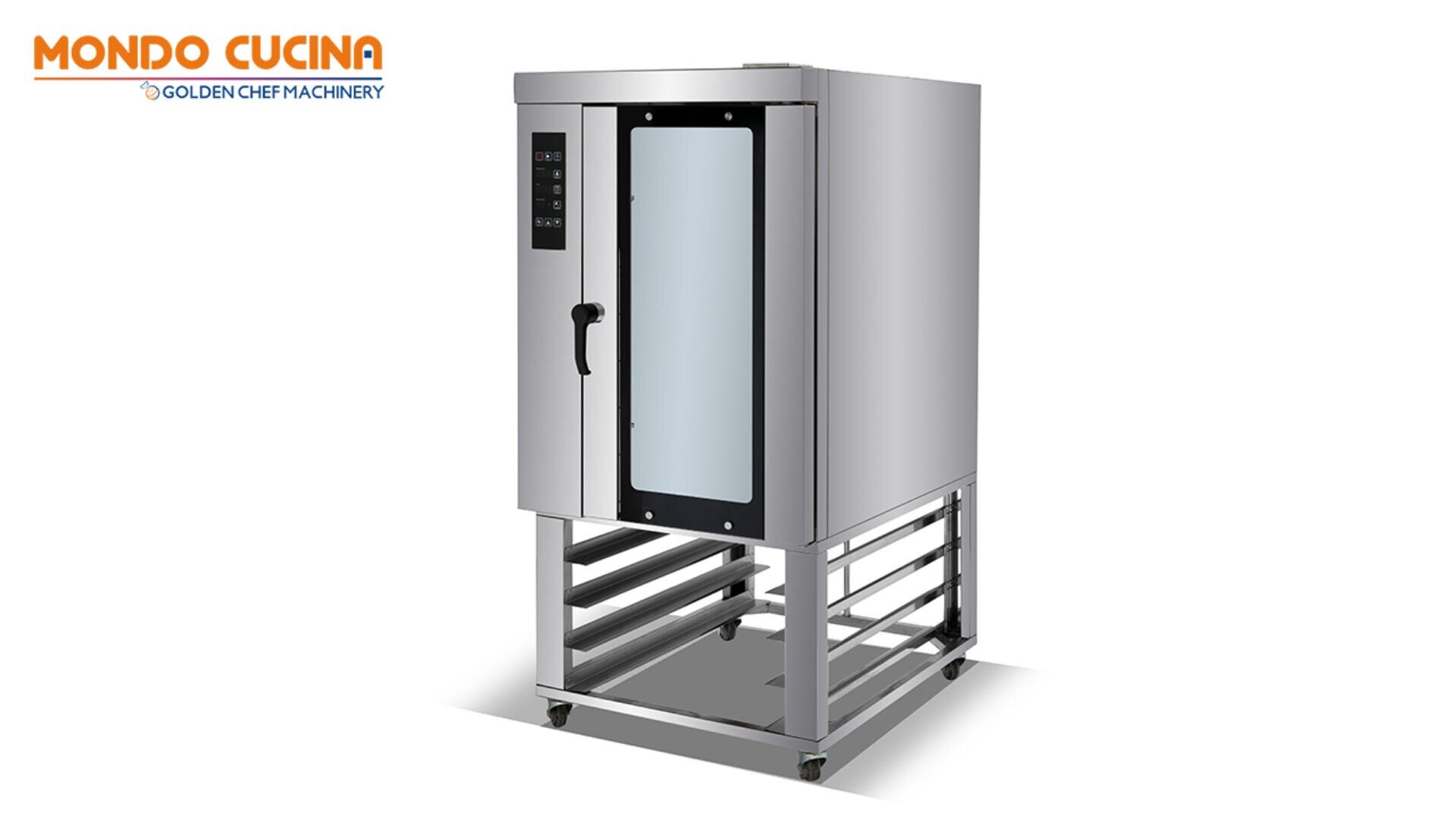 A commercial stainless steel oven with a glass front door, digital control panel, and sturdy base frame. The MONDO CUCINA GOLDEN CHEF MACHINERY logo is visible in the top left corner.