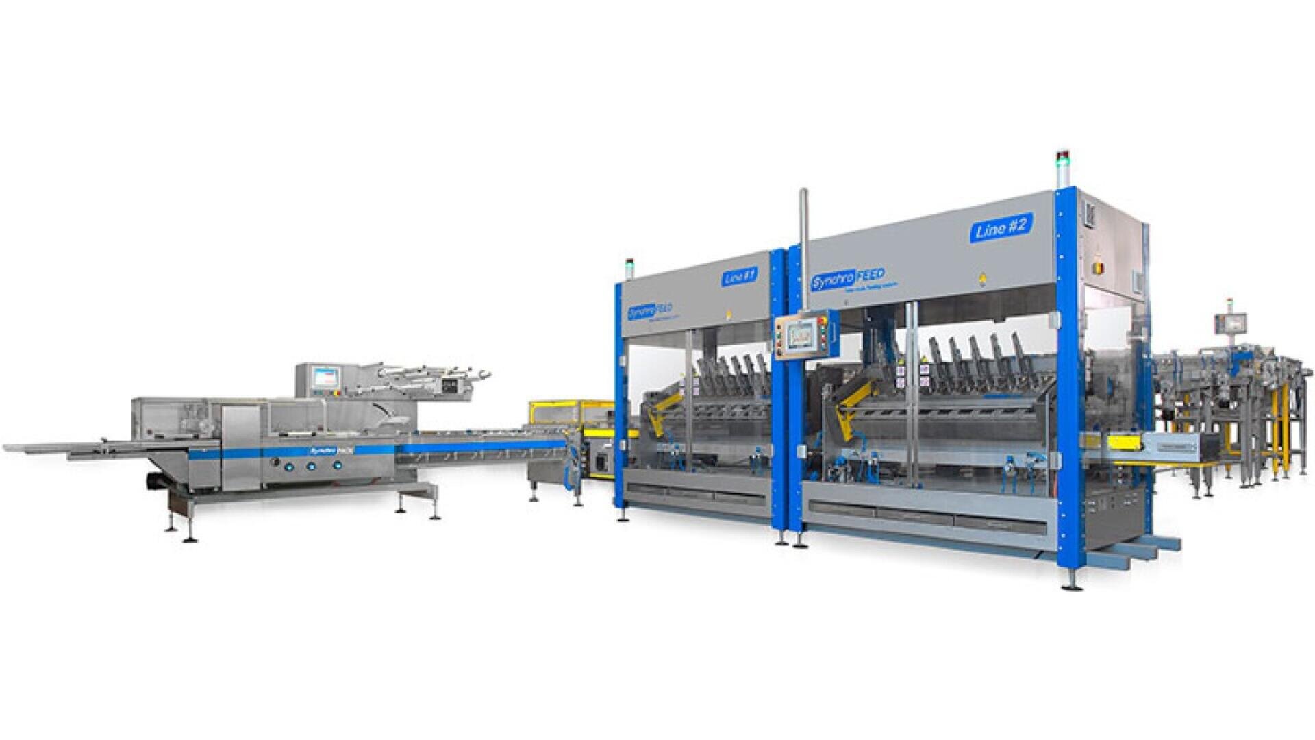 Automatisierte industrielle Verpackungsmaschine mit Förderbändern und blauer Umrandung, konzipiert für Hochgeschwindigkeitssortierung und -verpackung in einem Produktionsbetrieb. Die Anlage trägt die Bezeichnung Linie 2 und ist mit Schalttafeln und Sicherheitsschranken ausgestattet.