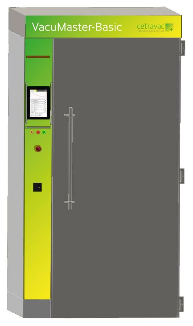 Eine große Industriemaschine mit der Bezeichnung VacuMaster-Basic mit grün-gelbem Bedienfeld, Digitalanzeige, Knöpfen und großer grauer Tür. Der Markenname cetravac erscheint in der oberen rechten Ecke.