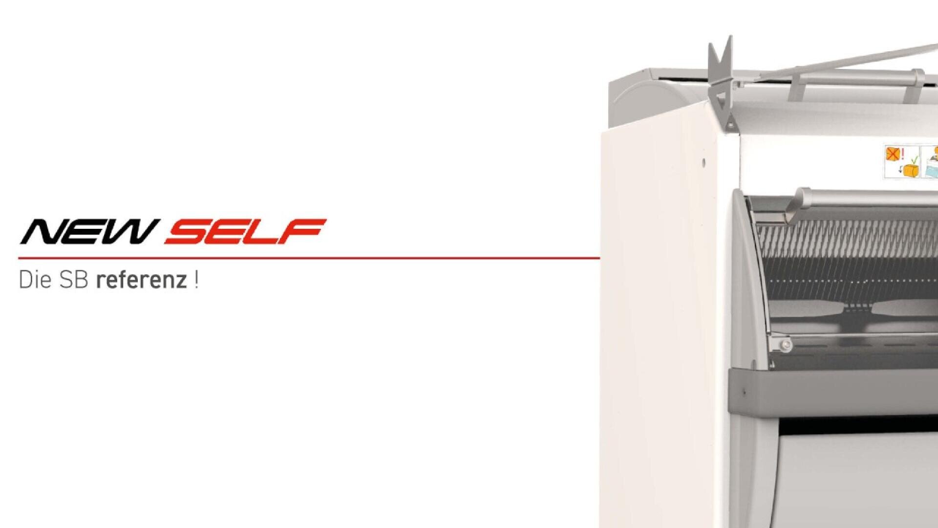 Partial view of a white industrial machine on the right; on the left, text reads NEW SELF in black and red, with smaller German text below: Die SB referenz! on a white background.