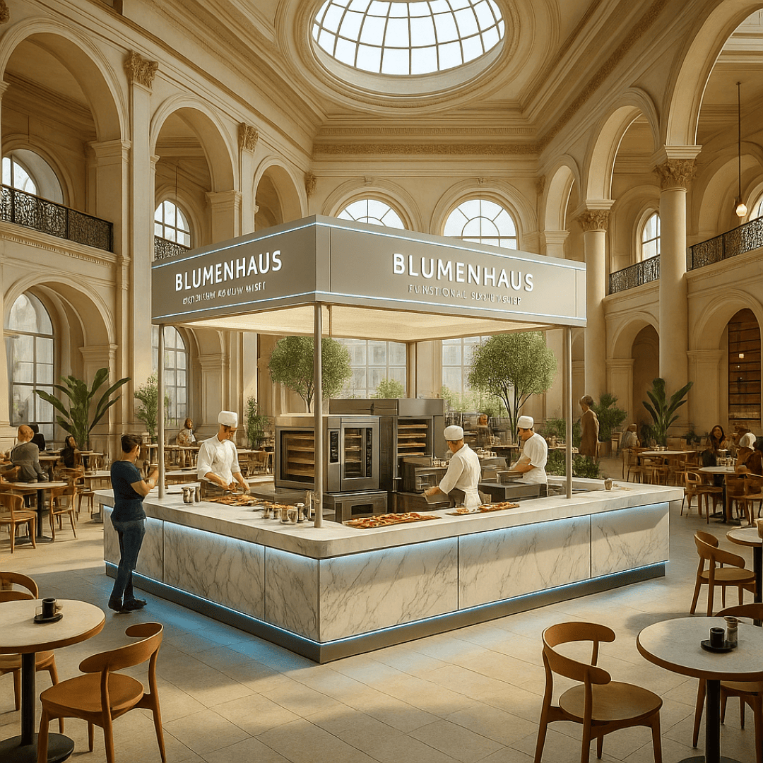 A modern, marble-clad food station named BLUMENHAUS sits in a spacious, elegant hall with high arched ceilings. Chefs prepare food while people dine at round tables surrounded by tall windows and indoor plants.
