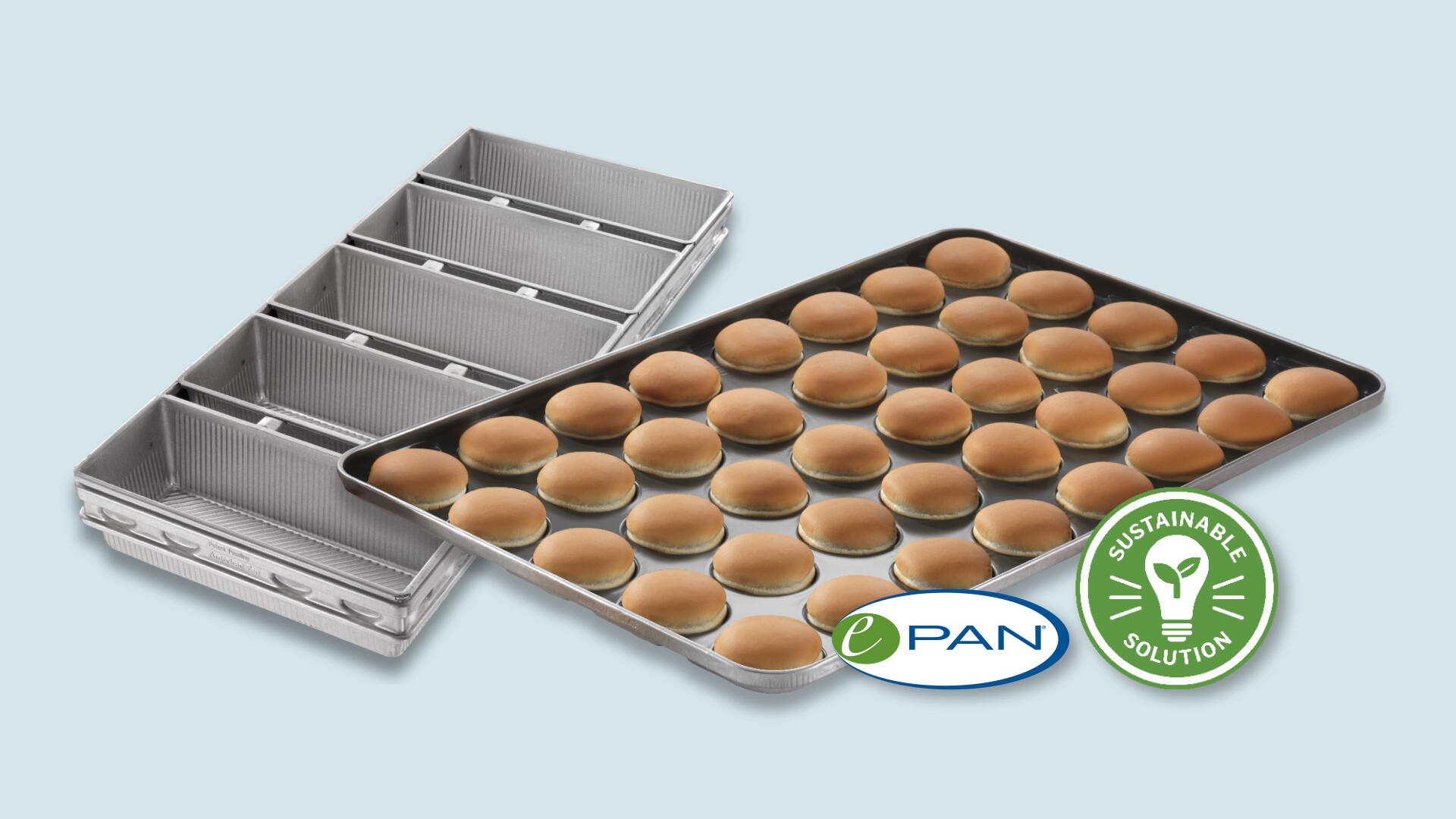 A metal baking tray holds rows of small, round bread rolls. Next to it is a sectioned metal loaf pan. Logos reading “ePAN” and “Sustainable Solution” appear in the lower right corner.