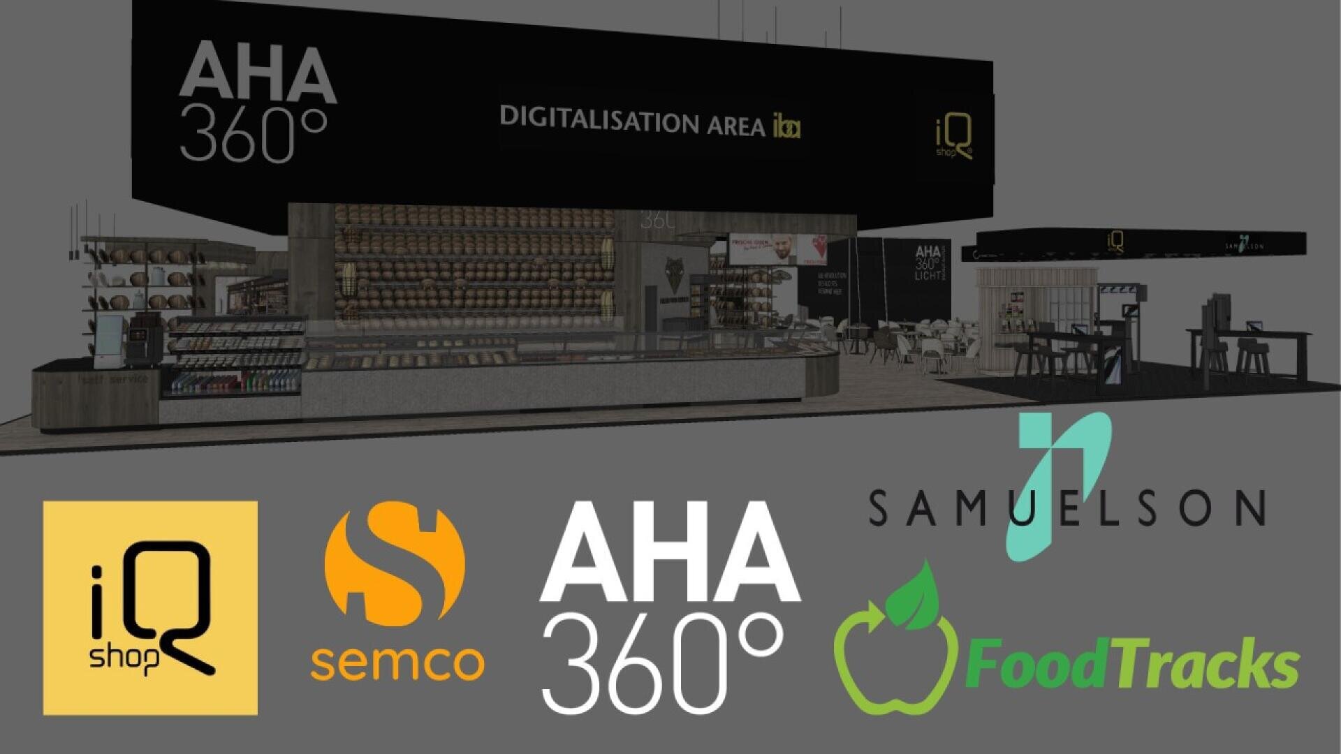 A digitalization exhibition area with black signage and various booths. Logos for iQshop, Semco, AHA 360°, Samuelson, and FoodTracks are displayed on a gray banner at the bottom of the image.