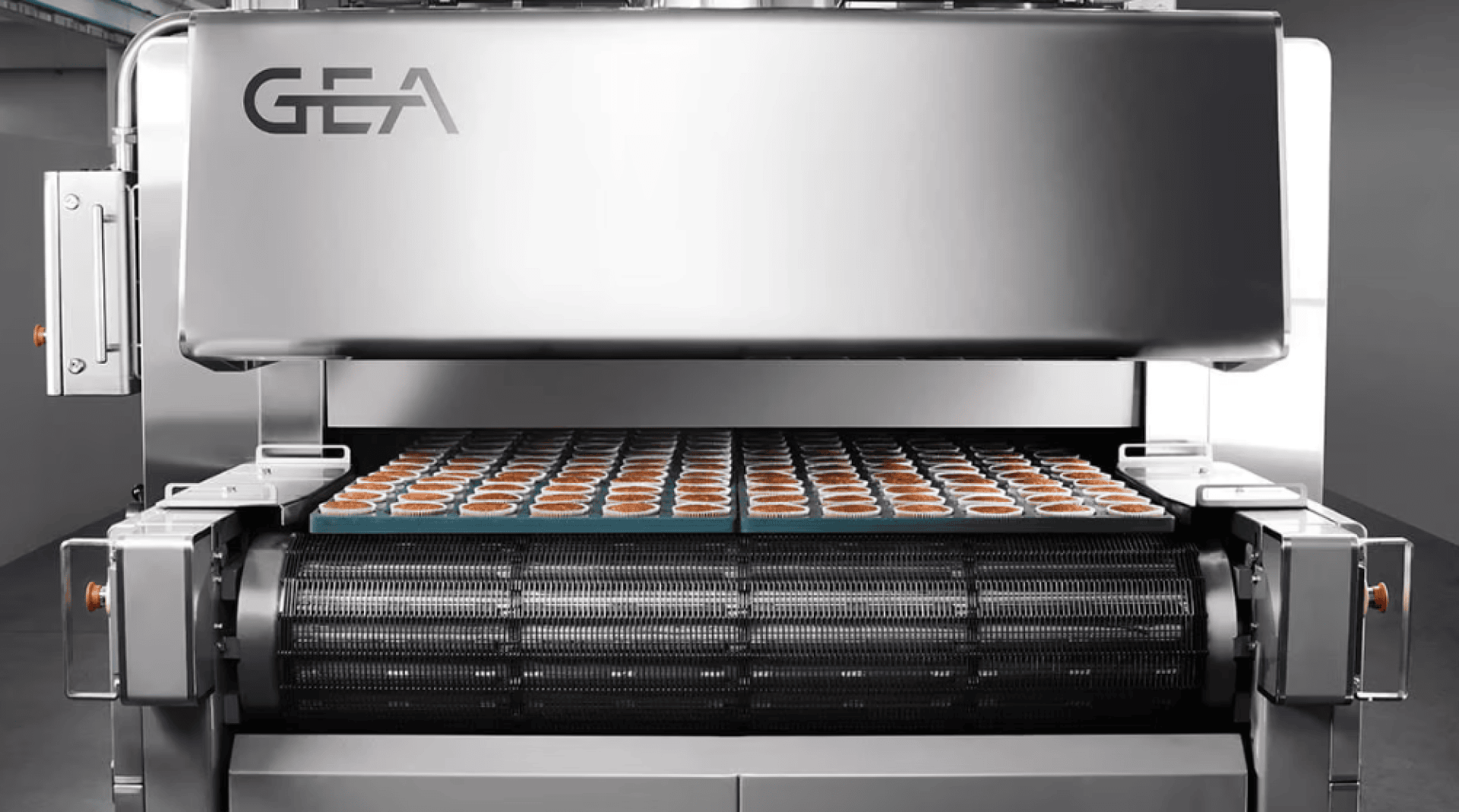 A GEA-branded stainless steel industrial food processing machine moves a conveyor belt filled with rows of small, round baked goods or desserts.